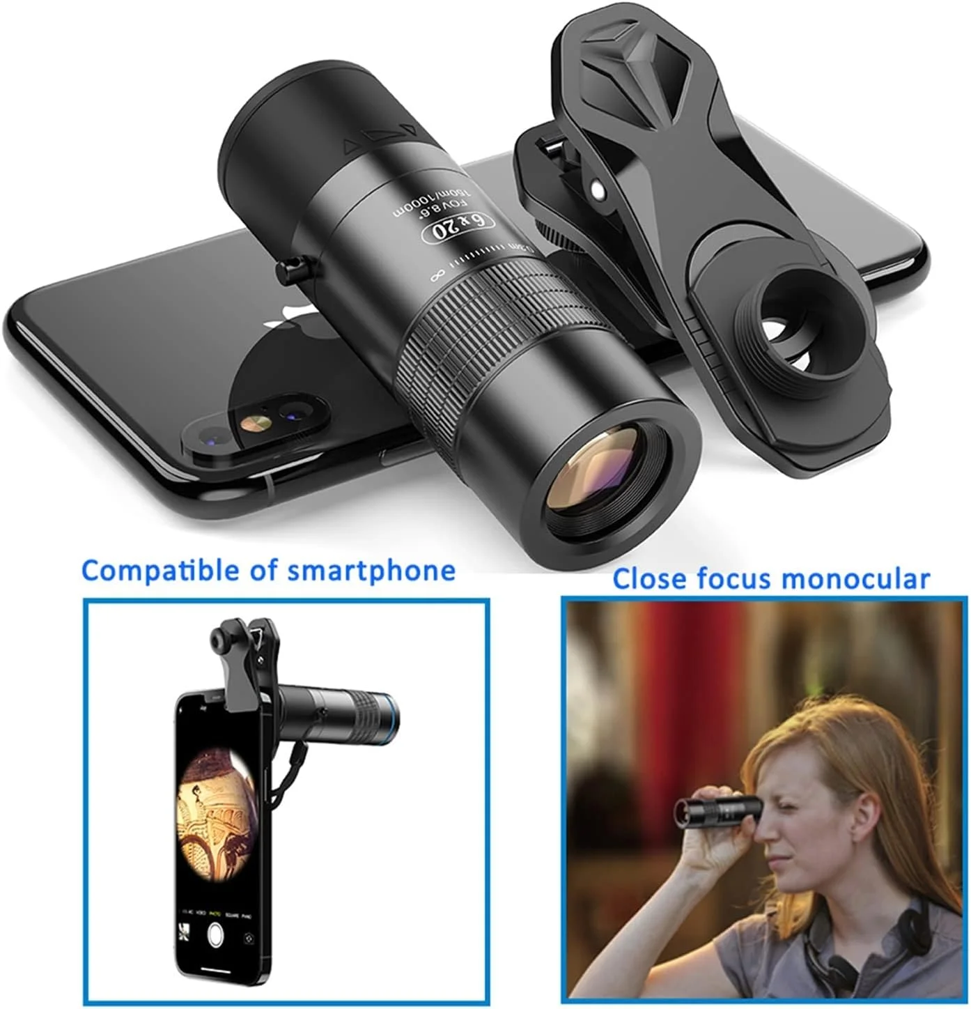 تلسکوپ 6X با نزدیکترین فاصله فوکوس 0.3 متری، لنزهای اپتیکی، تک چشمی BAK4 منشوری، تله فوتو با بند گردنی برای شکار، کمپینگ و مسافرت