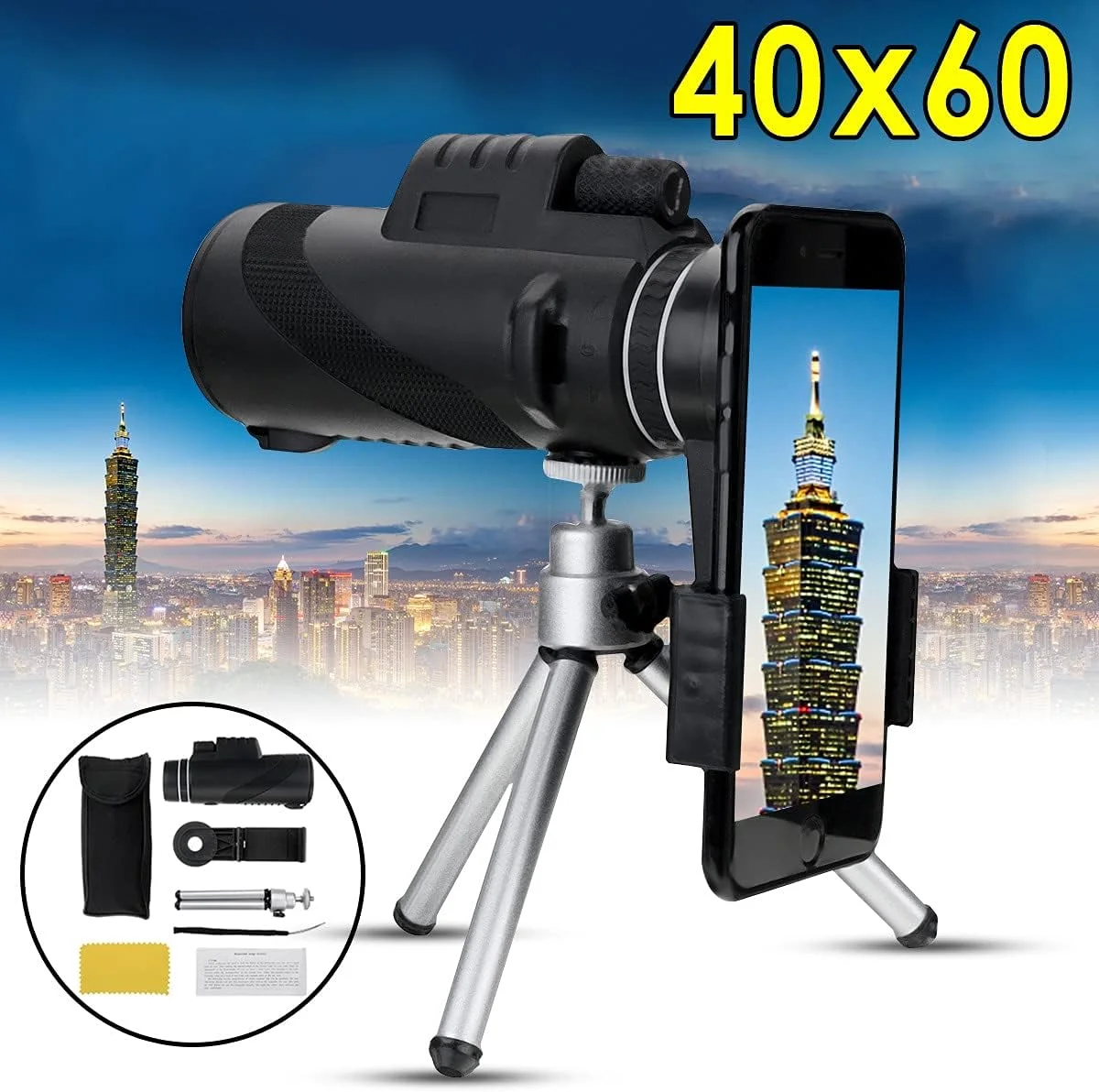 تلسکوپ HD 40X60 با لنز زوم، مونوکولار کوچک به همراه سه پایه و گیره تلفن همراه، دوربین دوچشمی دستی برای شکار، کمپینگ و فعالیت های فضای باز