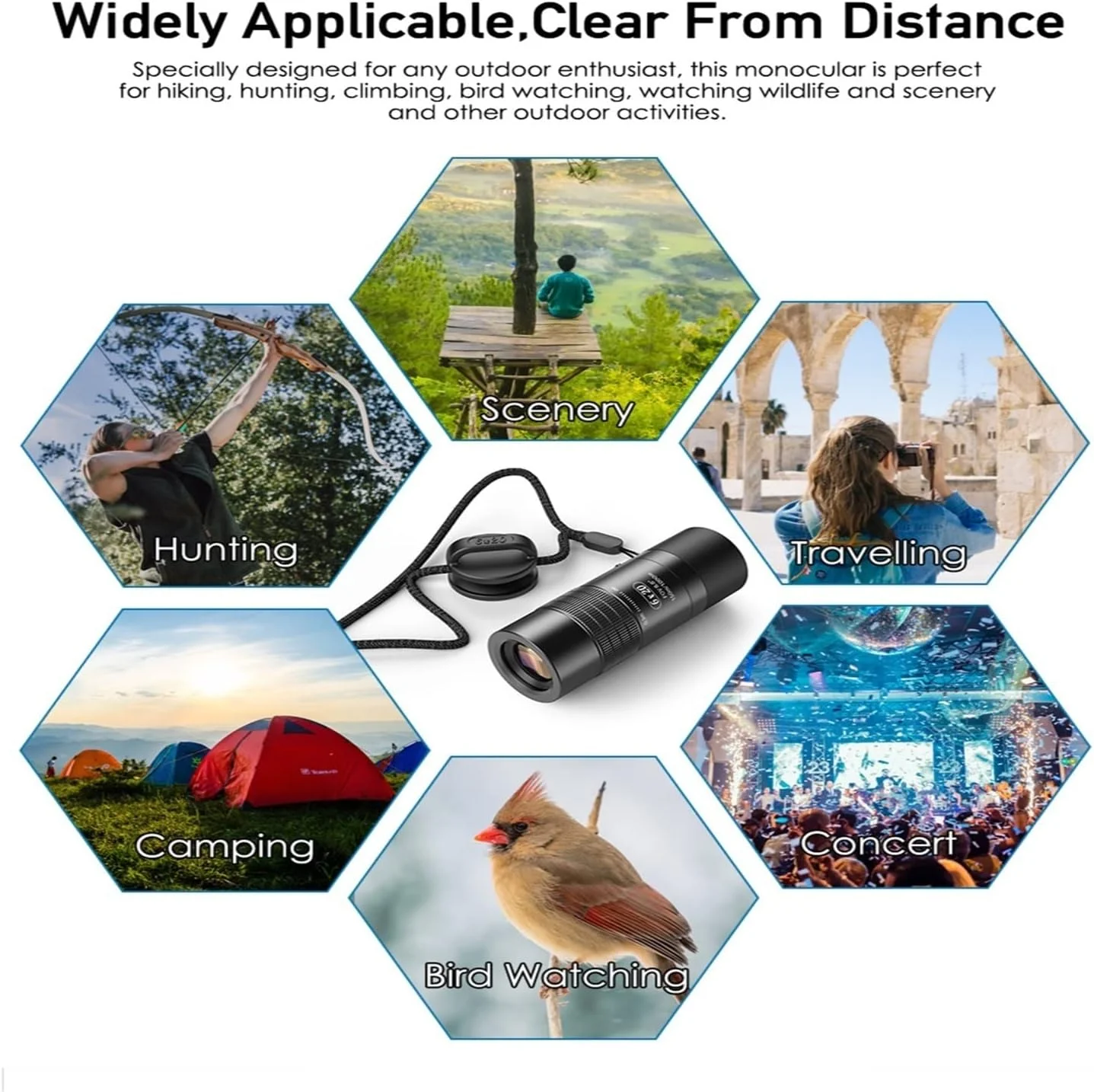 تلسکوپ 6X با نزدیکترین فاصله فوکوس 0.3 متری، لنزهای اپتیکی، تک چشمی BAK4 منشوری، تله فوتو با بند گردنی برای شکار، کمپینگ و مسافرت