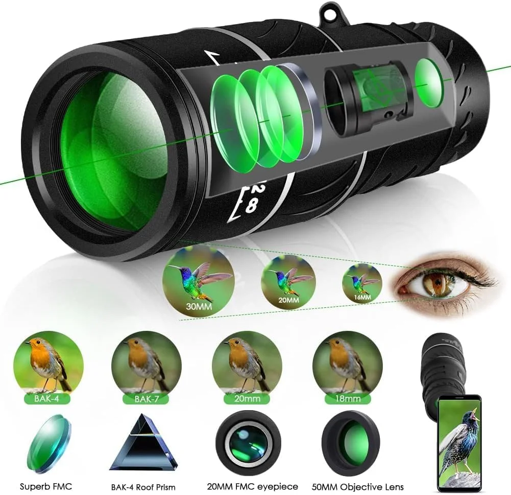 تلسکوپ تک چشمی فشرده HD با قدرت بالا، تلسکوپ تک چشمی 16x52، تلسکوپ زوم اپتیکال دوگانه برای تلفن همراه، منشور BAK4 برای تماشای پرندگان، کمپینگ، مسافرت، کنسرت