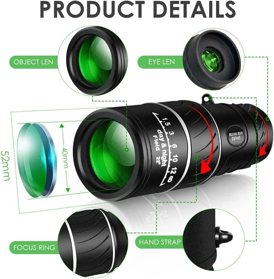 تلسکوپ تک چشمی فشرده HD با قدرت بالا، تلسکوپ تک چشمی 16x52، تلسکوپ زوم اپتیکال دوگانه برای تلفن همراه، منشور BAK4 برای تماشای پرندگان، کمپینگ، مسافرت، کنسرت
