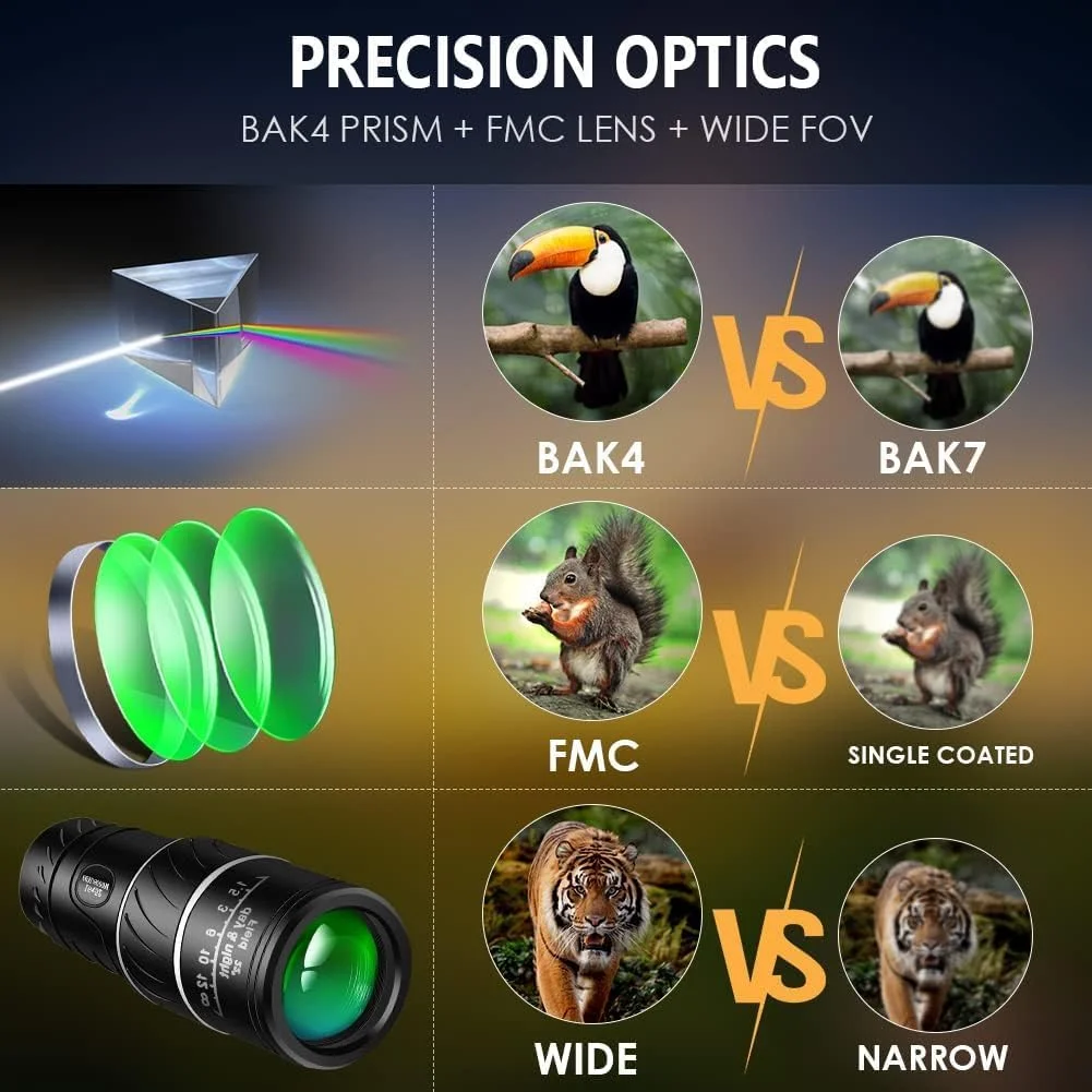 تلسکوپ تک چشمی فشرده HD با قدرت بالا، تلسکوپ تک چشمی 16x52، تلسکوپ زوم اپتیکال دوگانه برای تلفن همراه، منشور BAK4 برای تماشای پرندگان، کمپینگ، مسافرت، کنسرت