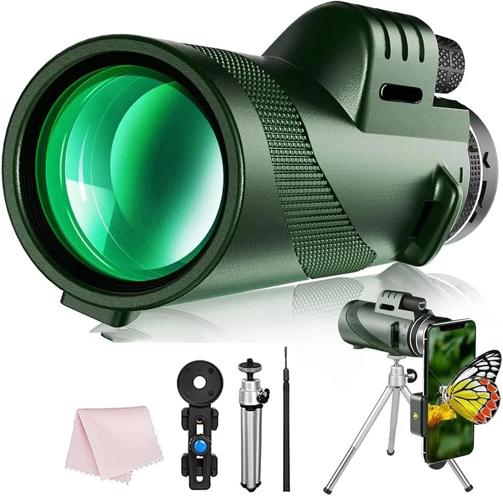 تک چشمی 50X60 کول بیبی برای استفاده با تلفن هوشمند، با منشور BAK4 و لنز FMC برای بزرگسالان، مناسب شکار، تماشای حیات وحش، تماشای پرندگان، مسافرت، کمپینگ و پیاده روی، به همراه کیف پارچه ای، گیره تلفن همراه و سه پایه