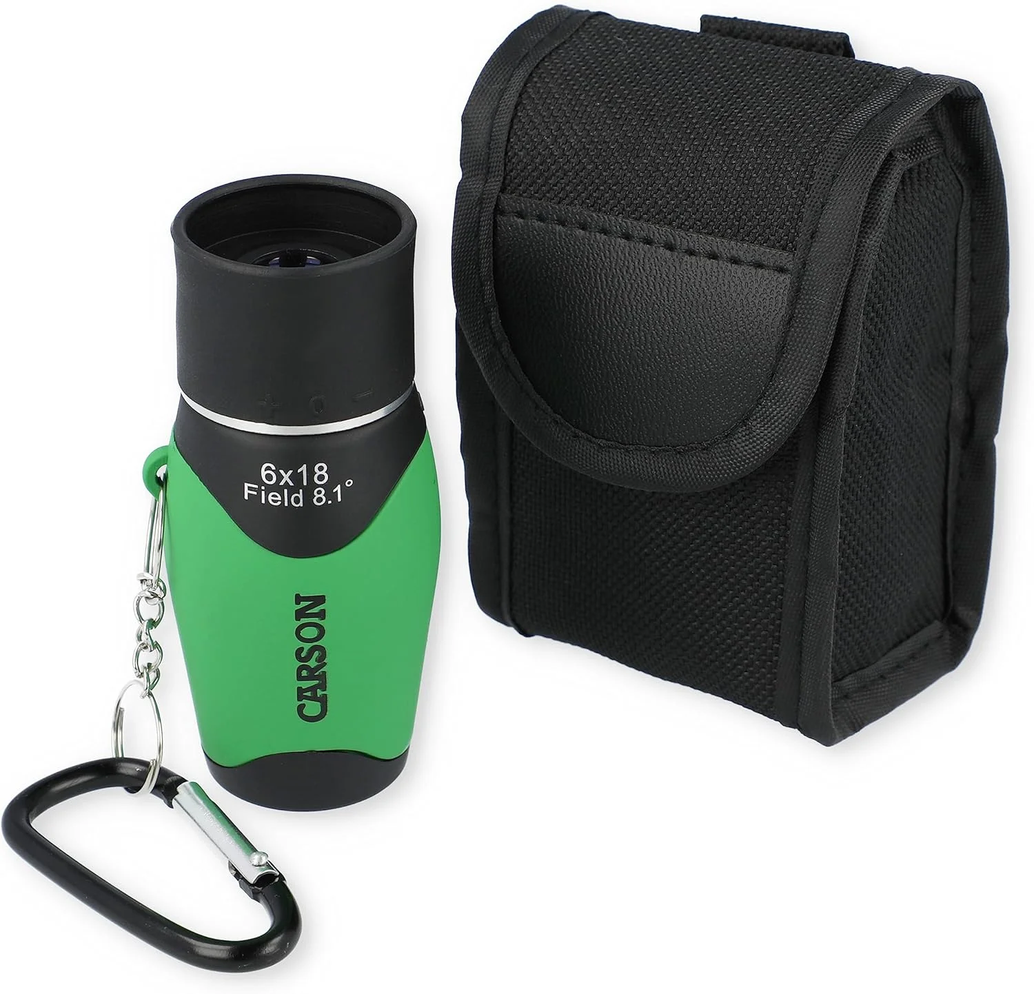 تک چشمی جیبی کارسون MiniMight با بزرگنمایی 6 برابر و قطر عدسی 18 میلی‌متر به همراه گیره کارابین، سبز (MM-618CG)
