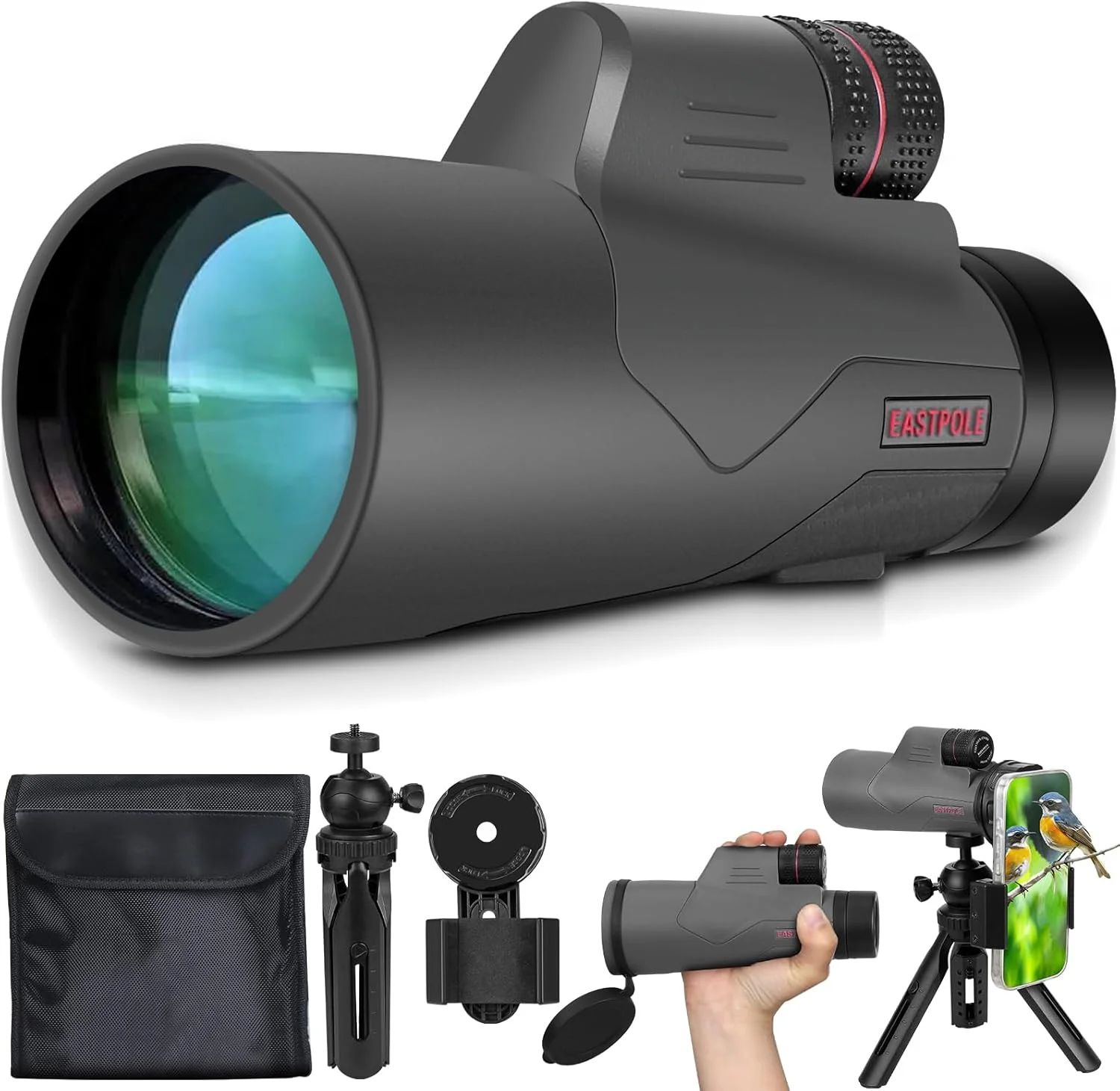 تلسکوپ تک چشمی 12x56 با قدرت بالا برای بزرگسالان به همراه آداپتور تلفن هوشمند، لنز FMC، منشور BAK4، مناسب برای تماشای پرندگان، رنگ خاکستری