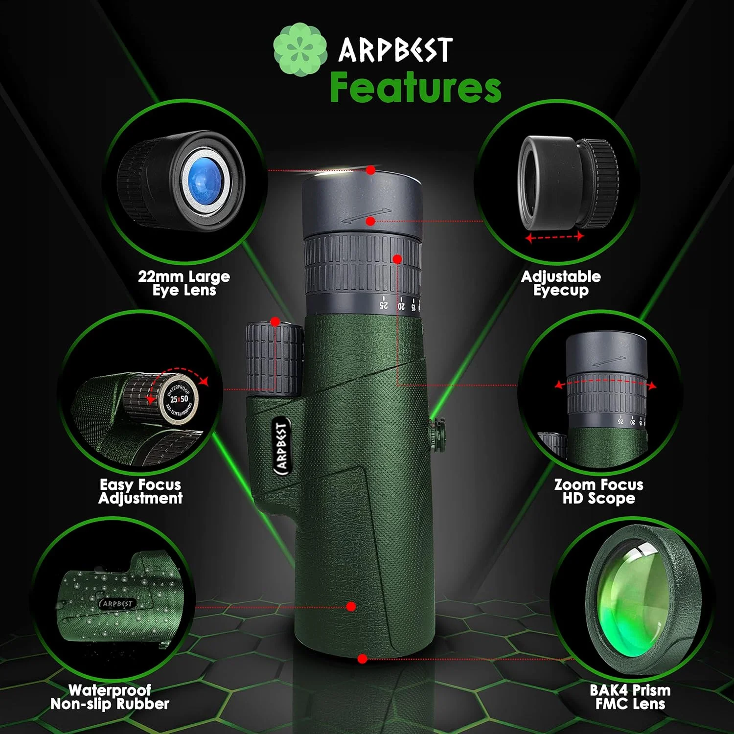 تلسکوپ تک چشمی 25X50 با قدرت بالا به همراه نگهدارنده تلفن هوشمند و سه پایه - لنز FMC و منشور BAK4 - تلسکوپ تک چشمی با کیفیت بالا برای بزرگسالان با قابلیت زوم برای تماشای حیات وحش، پرندگان، پیاده روی و کمپینگ