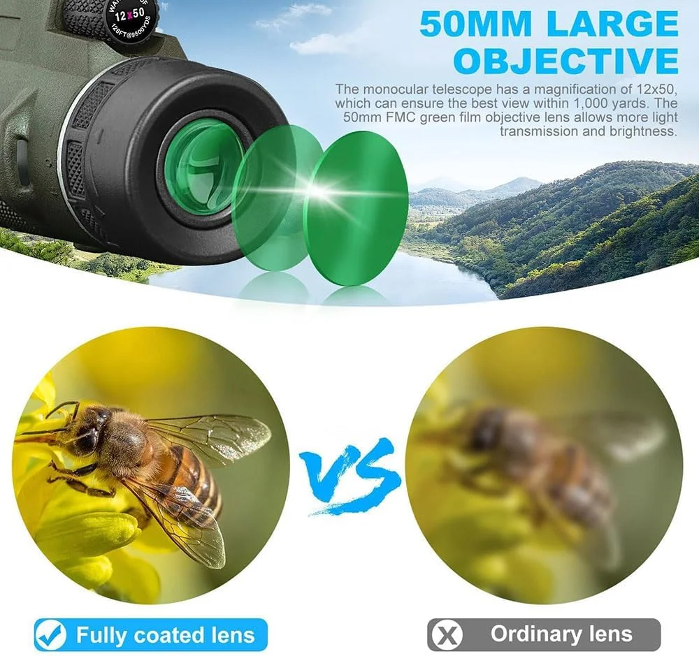 تک چشمی 50X60 کول بیبی برای استفاده با تلفن هوشمند، با منشور BAK4 و لنز FMC برای بزرگسالان، مناسب شکار، تماشای حیات وحش، تماشای پرندگان، مسافرت، کمپینگ و پیاده روی، به همراه کیف پارچه ای، گیره تلفن همراه و سه پایه
