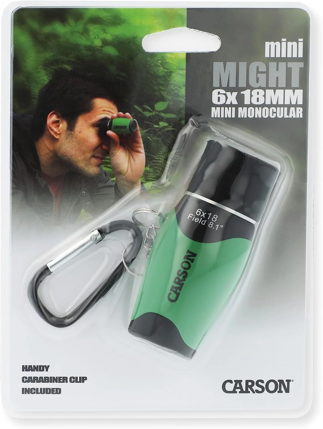 تک چشمی جیبی کارسون MiniMight با بزرگنمایی 6 برابر و قطر عدسی 18 میلی‌متر به همراه گیره کارابین، سبز (MM-618CG)