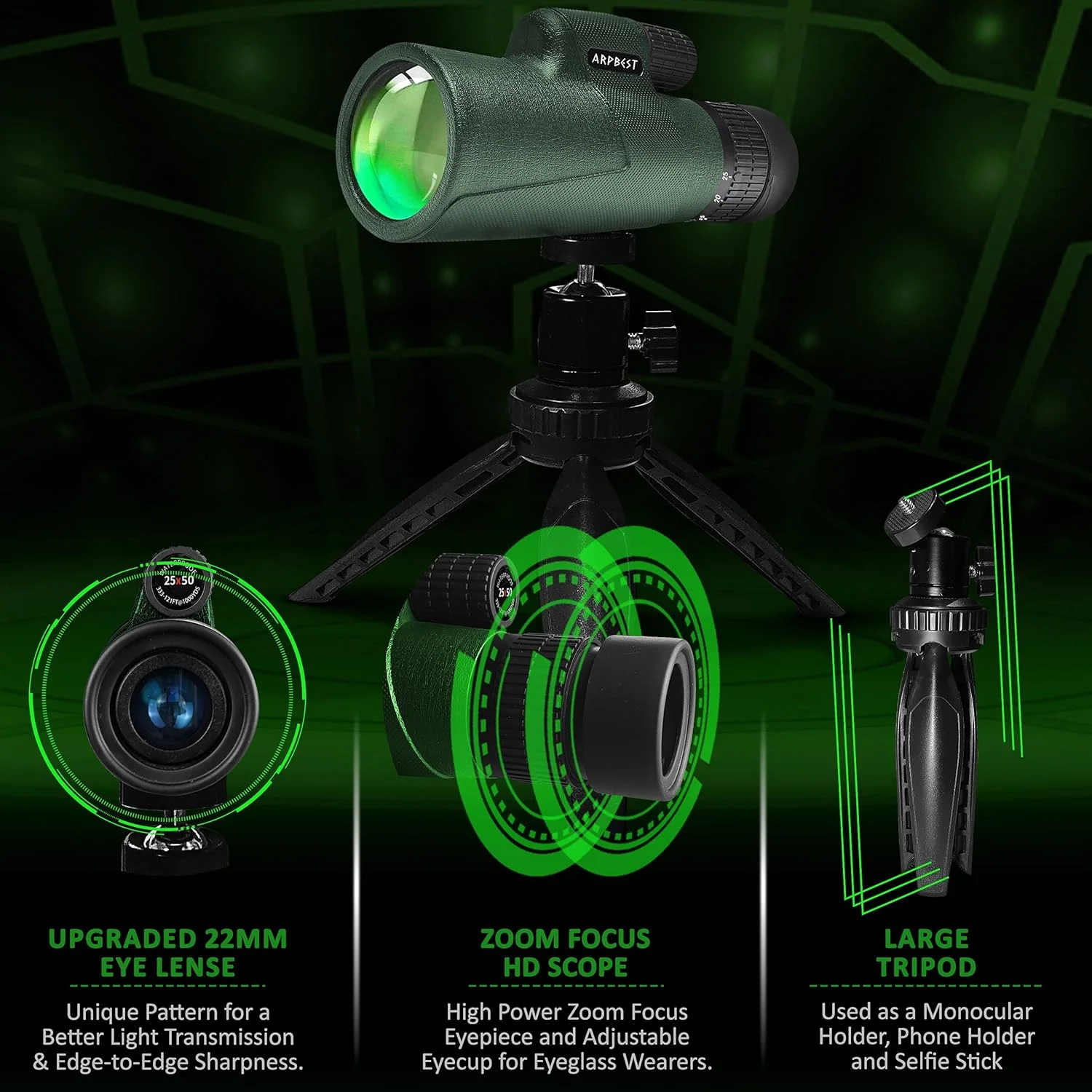 تلسکوپ تک چشمی 25X50 با قدرت بالا به همراه نگهدارنده تلفن هوشمند و سه پایه - لنز FMC و منشور BAK4 - تلسکوپ تک چشمی با کیفیت بالا برای بزرگسالان با قابلیت زوم برای تماشای حیات وحش، پرندگان، پیاده روی و کمپینگ