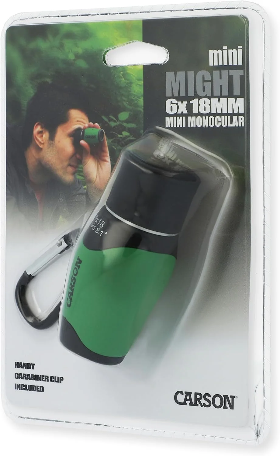 تک چشمی جیبی کارسون MiniMight با بزرگنمایی 6 برابر و قطر عدسی 18 میلی‌متر به همراه گیره کارابین، سبز (MM-618CG)