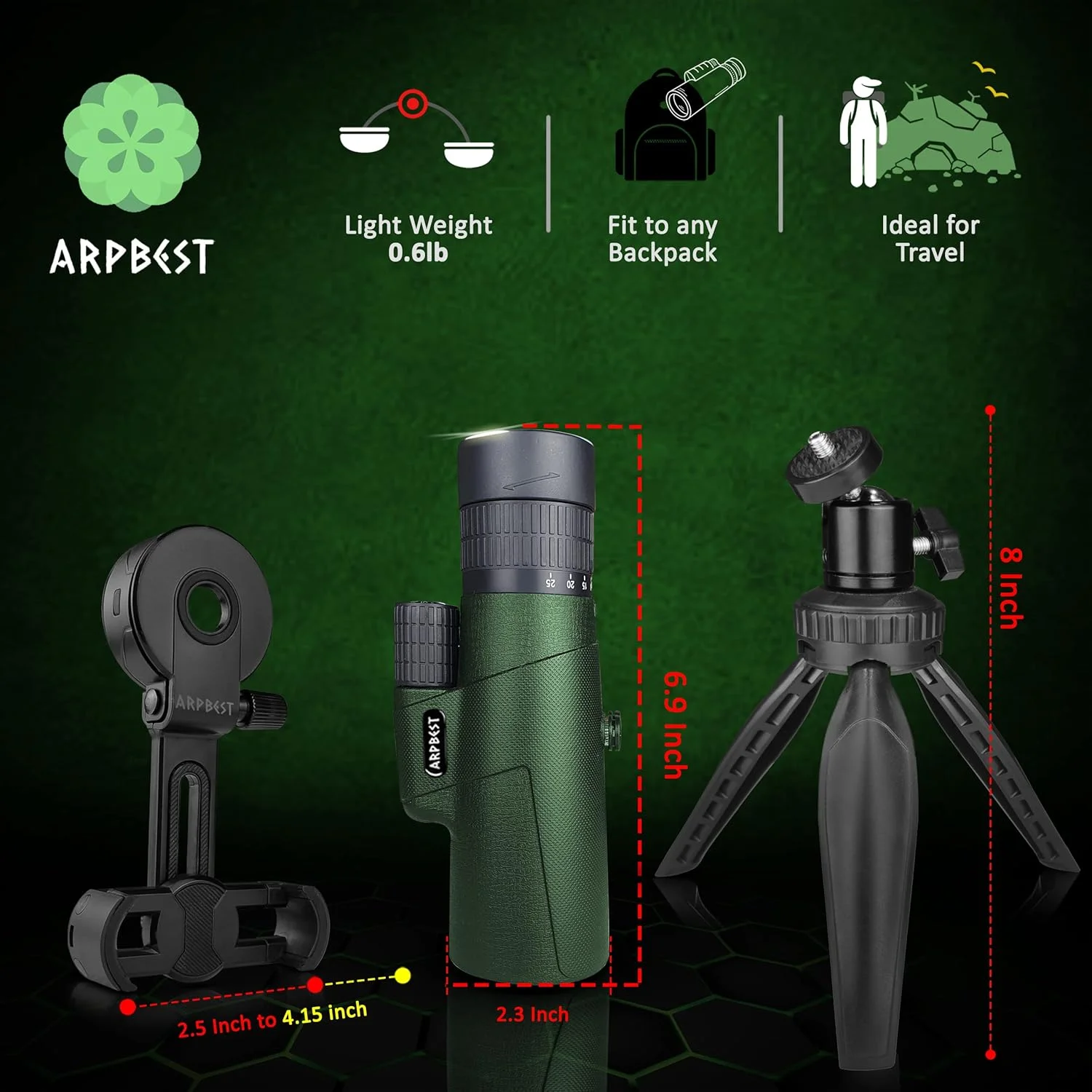 تلسکوپ تک چشمی 25X50 با قدرت بالا به همراه نگهدارنده تلفن هوشمند و سه پایه - لنز FMC و منشور BAK4 - تلسکوپ تک چشمی با کیفیت بالا برای بزرگسالان با قابلیت زوم برای تماشای حیات وحش، پرندگان، پیاده روی و کمپینگ