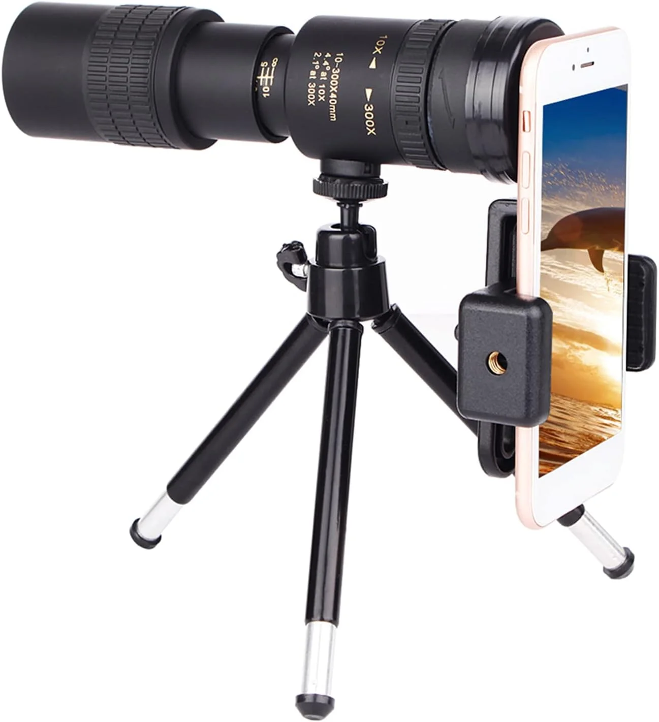 تلسکوپ تک چشمی 40 میلی‌متری با منشور BAK4 با بزرگنمایی 10-300X به همراه نگهدارنده تلفن هوشمند و سه پایه برای بزرگسالان، مناسب تماشای پرندگان، کمپینگ و پیاده‌روی