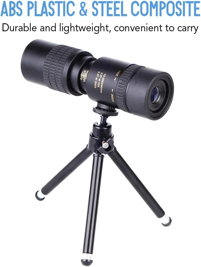 تلسکوپ تک چشمی 40 میلی‌متری با منشور BAK4 با بزرگنمایی 10-300X به همراه نگهدارنده تلفن هوشمند و سه پایه برای بزرگسالان، مناسب تماشای پرندگان، کمپینگ و پیاده‌روی