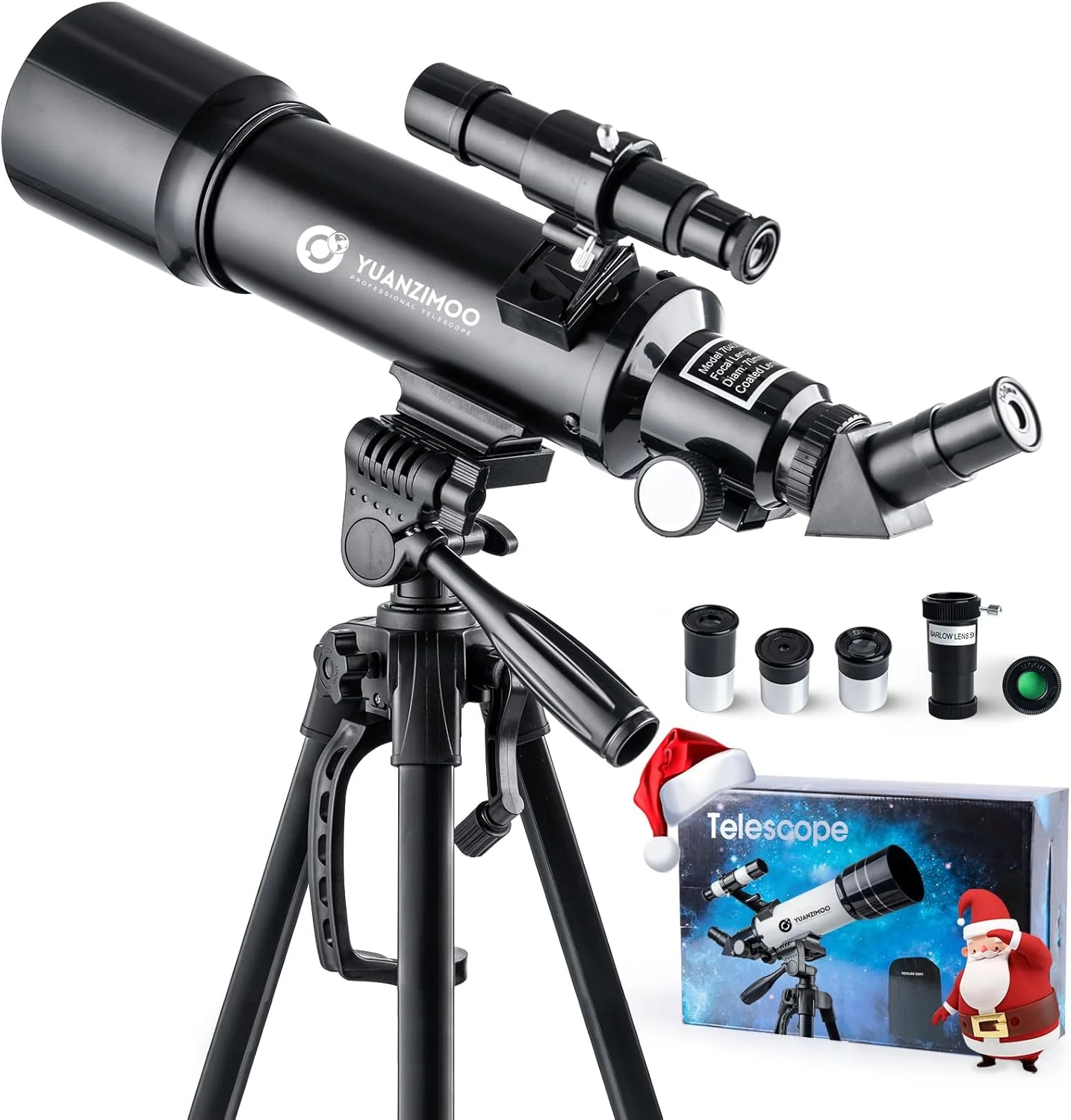 تلسکوپ 70 میلی‌متری با دهانه 400 میلی‌متری، تلسکوپ نجومی قابل حمل انکساری برای کودکان، بزرگسالان و مبتدیان به همراه سه‌پایه، آداپتور تلفن و کیف حمل، مشکی