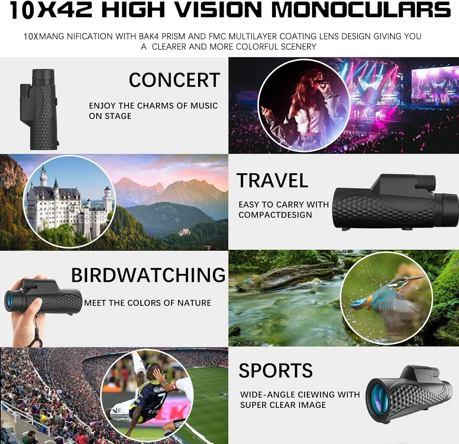 تلسکوپ تک چشمی NALACAL، 10x42 جمع و جور برای بزرگسالان، تک چشمی با قدرت بالا، با آداپتور تلفن هوشمند و سه پایه HD، برای تماشای حیات وحش، شکار، تماشای پرندگان، پیاده روی و مسافرت