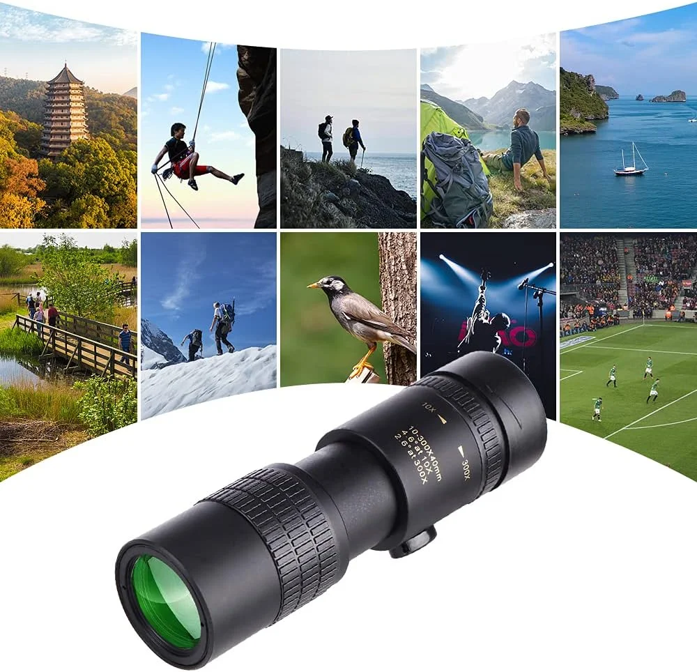 تلسکوپ تک چشمی 40 میلی‌متری با منشور BAK4 با بزرگنمایی 10-300X به همراه نگهدارنده تلفن هوشمند و سه پایه برای بزرگسالان، مناسب تماشای پرندگان، کمپینگ و پیاده‌روی