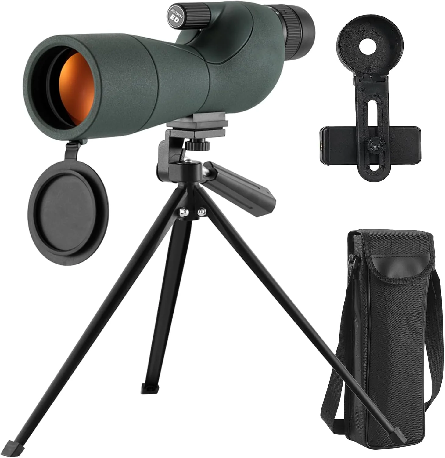 تلسکوپ تک چشمی ضد آب با منشور Bak4 با بزرگنمایی 25-75X60، میدان دید 40-20 متر در 1000 متر، مناسب برای ورزش های تیراندازی و تماشای پرندگان به همراه آداپتور سه پایه تلفن