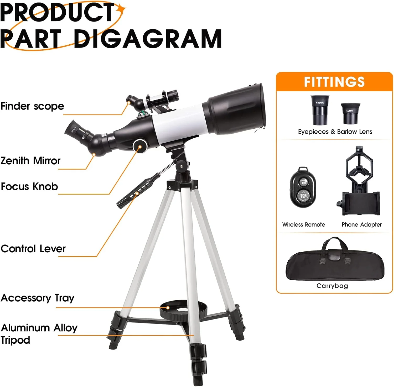 تلسکوپ 70 میلی‌متری با دهانه 400 میلی‌متری، تلسکوپ شکستنی نجومی قابل حمل برای بزرگسالان و مبتدیان به همراه سه‌پایه، آداپتور تلفن، کیف حمل و ریموت بی‌سیم