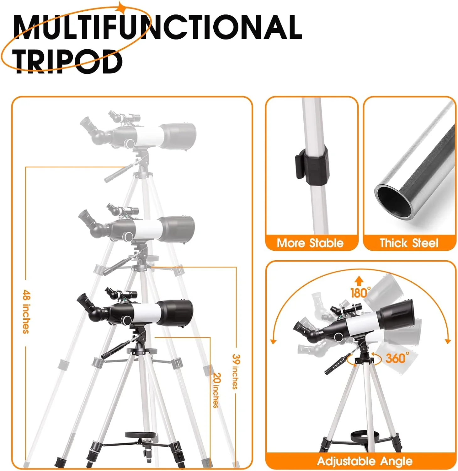 تلسکوپ 70 میلی‌متری با دهانه 400 میلی‌متری، تلسکوپ شکستنی نجومی قابل حمل برای بزرگسالان و مبتدیان به همراه سه‌پایه، آداپتور تلفن، کیف حمل و ریموت بی‌سیم