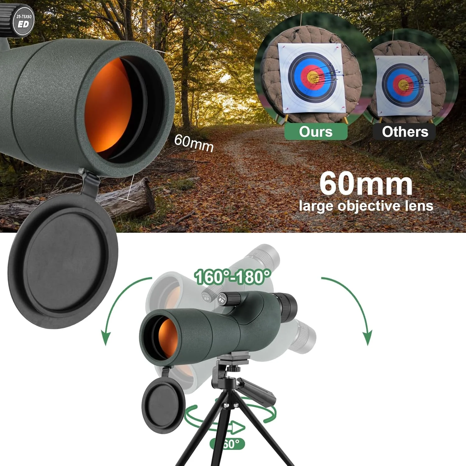تلسکوپ تک چشمی ضد آب با منشور Bak4 با بزرگنمایی 25-75X60، میدان دید 40-20 متر در 1000 متر، مناسب برای ورزش های تیراندازی و تماشای پرندگان به همراه آداپتور سه پایه تلفن تلسکوپ تک چشمی ضد آب با منشور Bak4 با بزرگنمایی 25-75X60، میدان دید 40-20 متر در 1000 متر، مناسب برای ورزش های تیراندازی و تماشای پرندگان به همراه آداپتور سه پایه تلفن