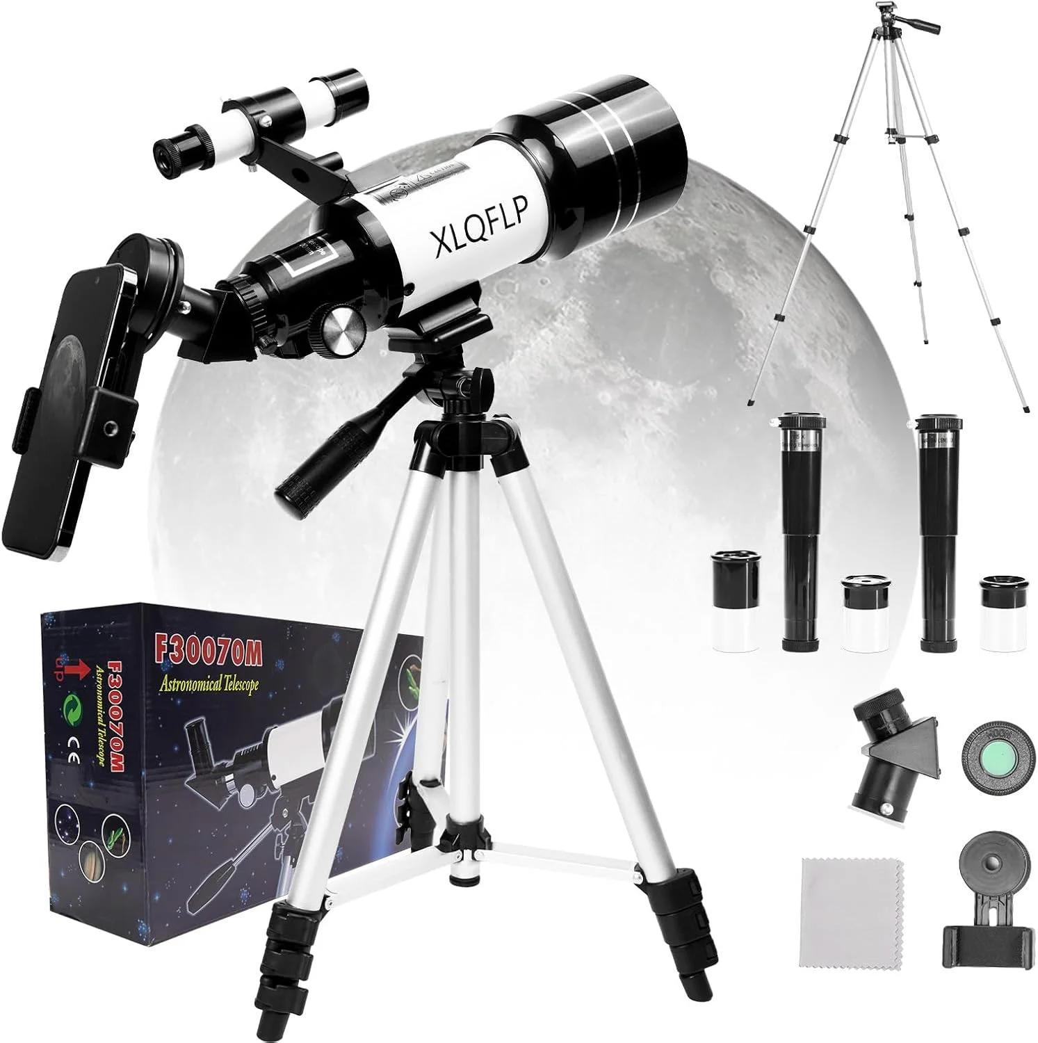 تلسکوپ برای کودکان و بزرگسالان، دهانه 70 میلی‌متری، تلسکوپ 300 میلی‌متری برای مبتدیان نجوم، بزرگنمایی 15X-150X تلسکوپ شکستنی قابل حمل با سه پایه قابل تنظیم، آداپتور تلفن، سفید