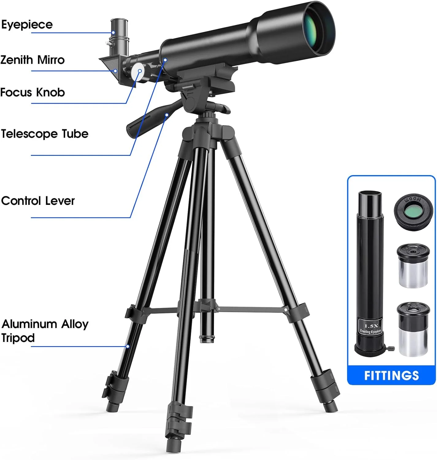 تلسکوپ 50 میلی‌متری با دهانه 360 میلی‌متری AZ با فوکوس دستی، تلسکوپ قابل حمل برای کودکان و مبتدیان به همراه سه پایه، سفید