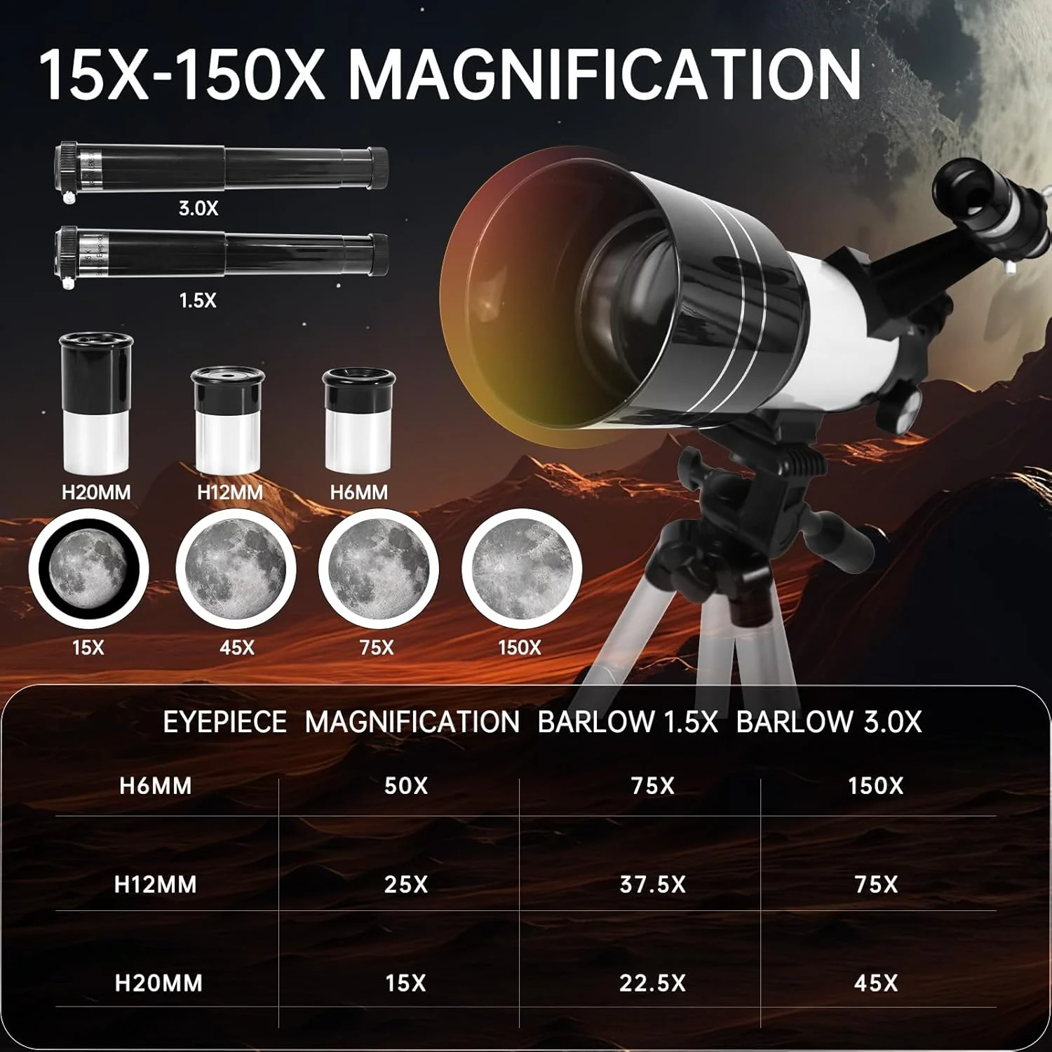 تلسکوپ برای کودکان و بزرگسالان، دهانه 70 میلی‌متری، تلسکوپ 300 میلی‌متری برای مبتدیان نجوم، بزرگنمایی 15X-150X تلسکوپ شکستنی قابل حمل با سه پایه قابل تنظیم، آداپتور تلفن، سفید