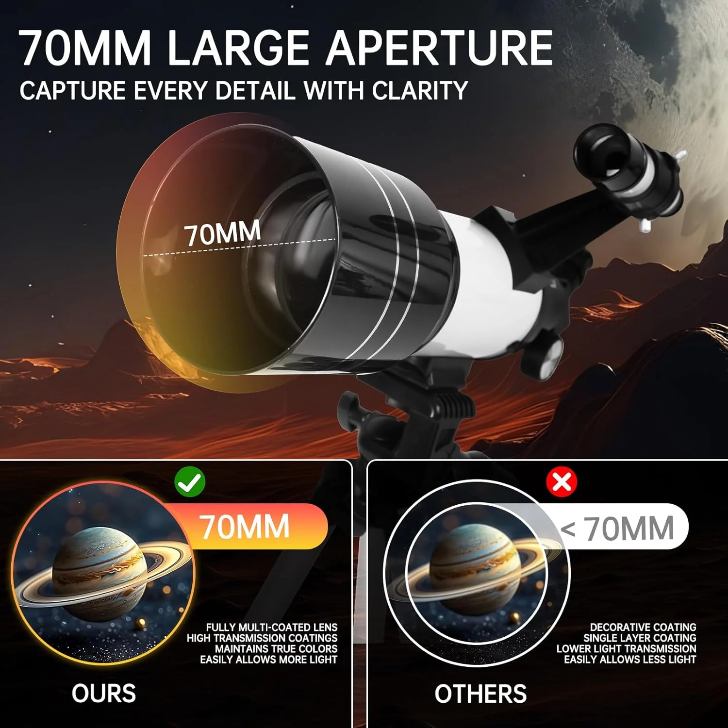تلسکوپ برای کودکان و بزرگسالان، دهانه 70 میلی‌متری، تلسکوپ 300 میلی‌متری برای مبتدیان نجوم، بزرگنمایی 15X-150X تلسکوپ شکستنی قابل حمل با سه پایه قابل تنظیم، آداپتور تلفن، سفید