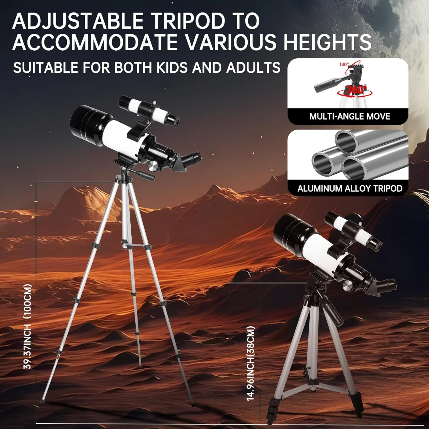 تلسکوپ برای کودکان و بزرگسالان، دهانه 70 میلی‌متری، تلسکوپ 300 میلی‌متری برای مبتدیان نجوم، بزرگنمایی 15X-150X تلسکوپ شکستنی قابل حمل با سه پایه قابل تنظیم، آداپتور تلفن، سفید
