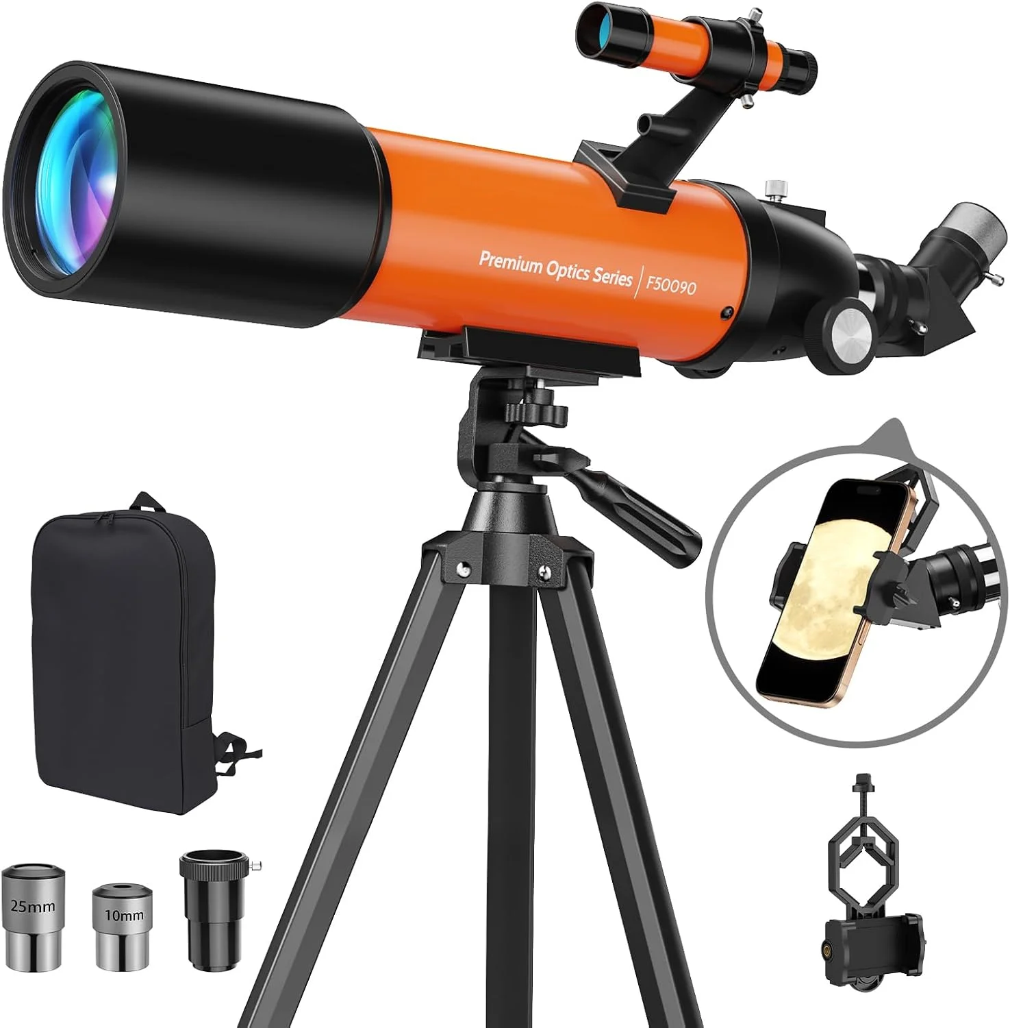 تلسکوپ USCAMEL برای بزرگسالان با قدرت بالا: تلسکوپ شکستنی قابل حمل نجومی 90 میلی‌متری برای مبتدیان و کودکان 8-12 سال - سه پایه و پایه تلفن برای عکاسی مسافرتی (نارنجی)