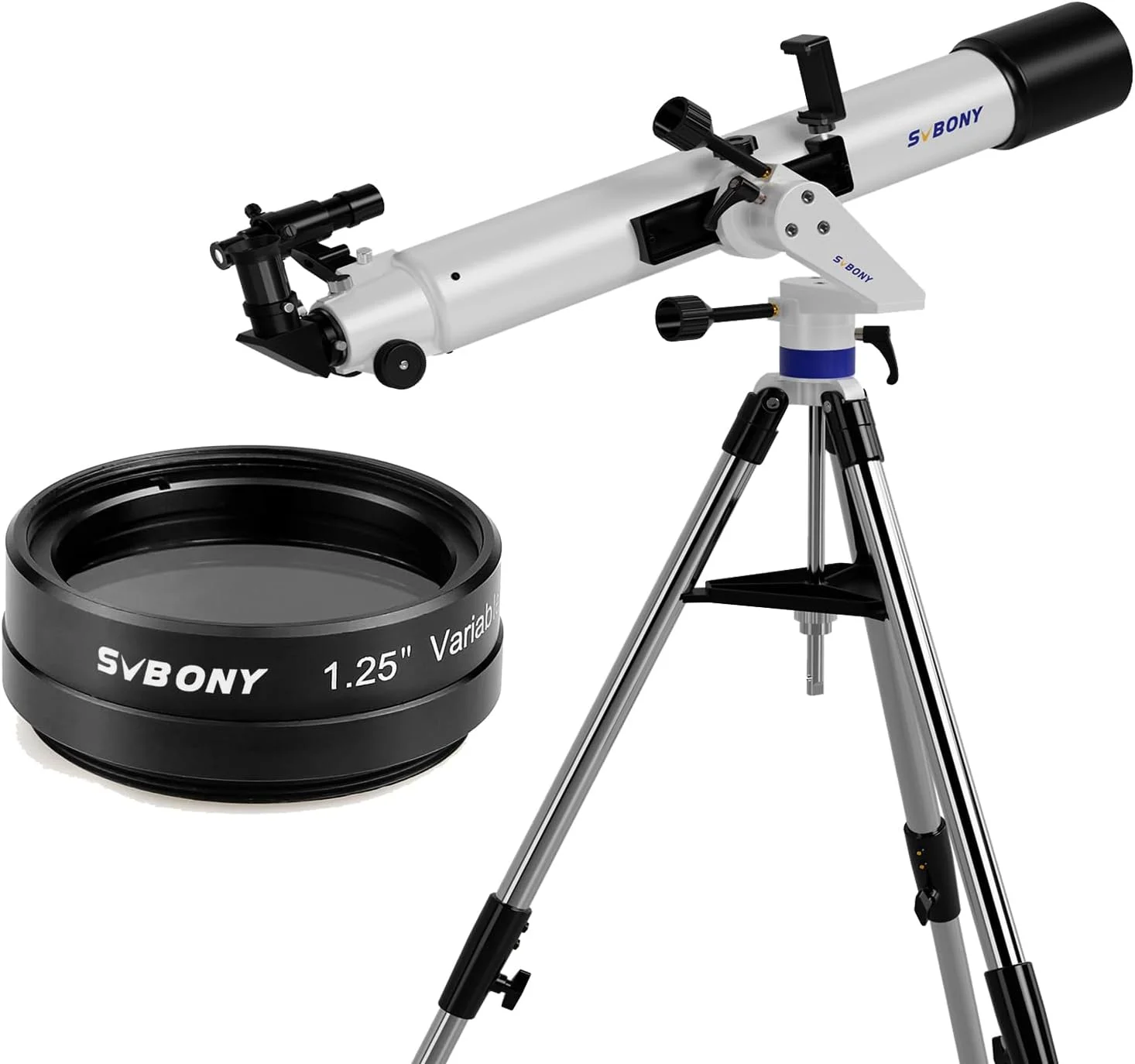 تلسکوپ SV520 با فیلتر پلاریزه متغیر 1.25 اینچی، تلسکوپ منکسری با قدرت بالا، دهانه 90 میلی‌متری، فاصله کانونی 800 میلی‌متری با پایه AZ، چشمی 25 میلی‌متری، لنز بارلو، کیت تلسکوپ برای مبتدیان