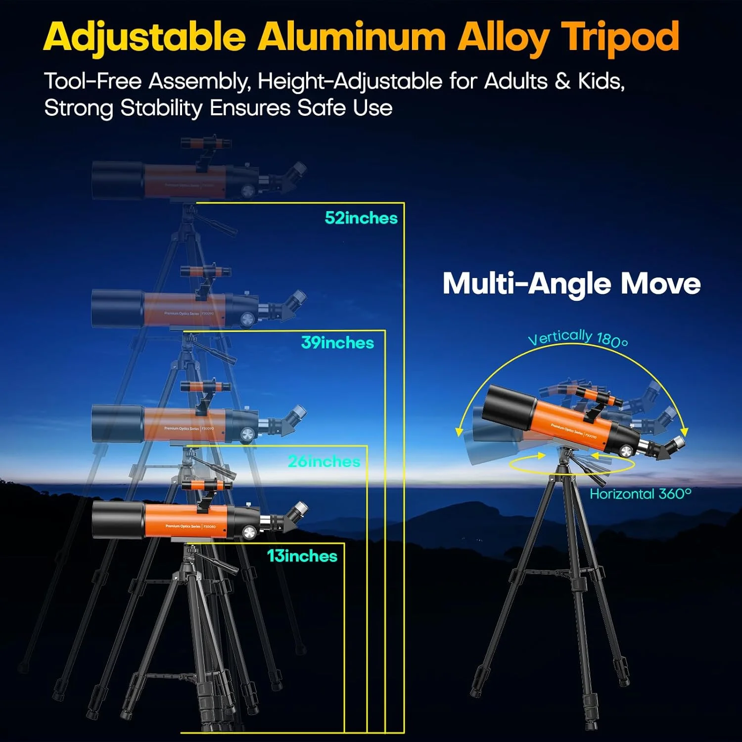تلسکوپ USCAMEL برای بزرگسالان با قدرت بالا: تلسکوپ شکستنی قابل حمل نجومی 90 میلی‌متری برای مبتدیان و کودکان 8-12 سال - سه پایه و پایه تلفن برای عکاسی مسافرتی (نارنجی)
