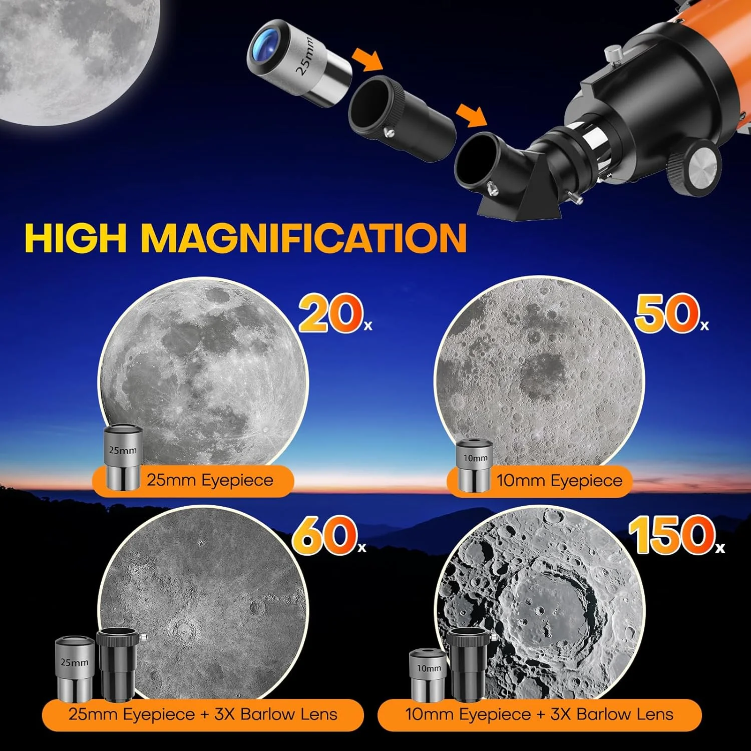 تلسکوپ USCAMEL برای بزرگسالان با قدرت بالا: تلسکوپ شکستنی قابل حمل نجومی 90 میلی‌متری برای مبتدیان و کودکان 8-12 سال - سه پایه و پایه تلفن برای عکاسی مسافرتی (نارنجی)