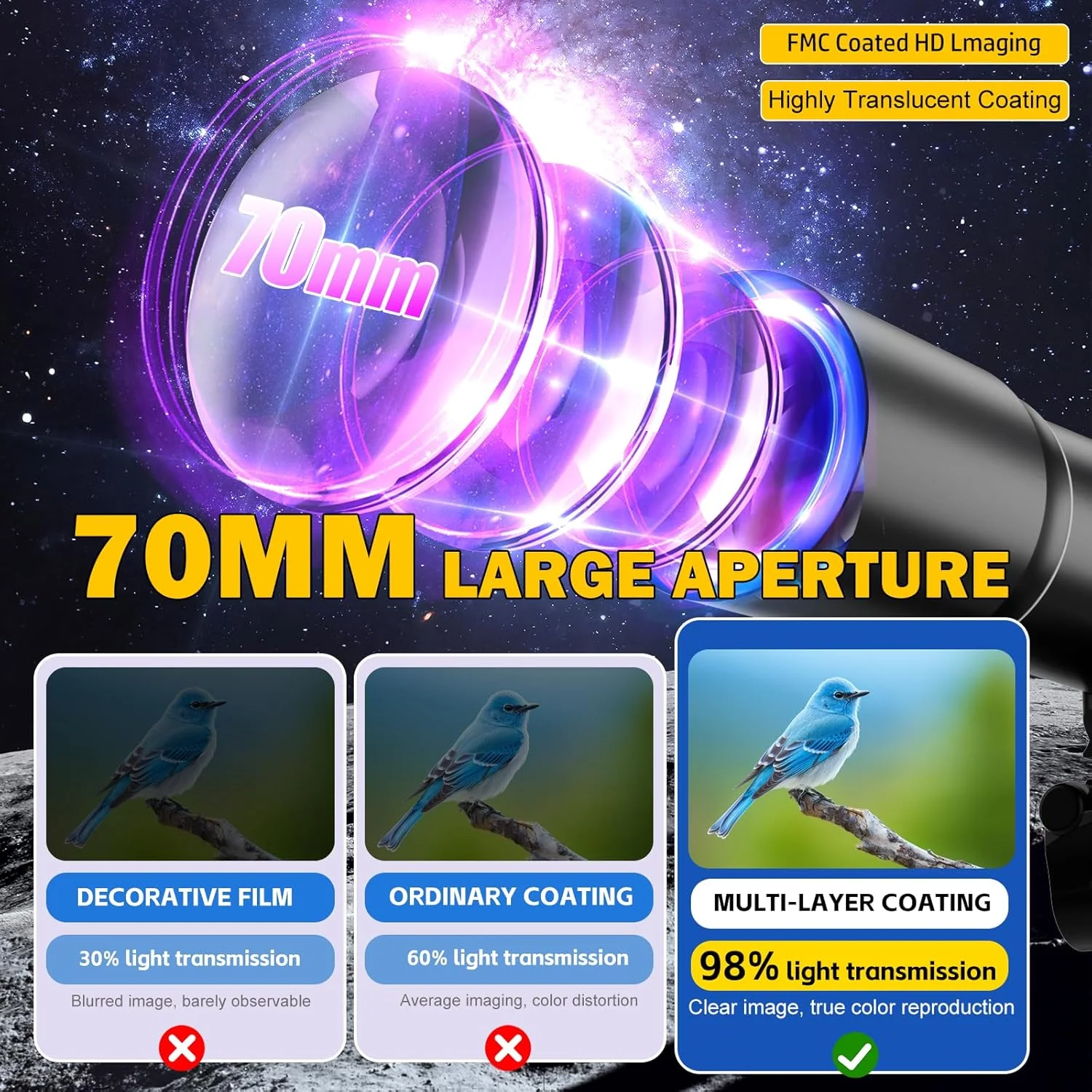 تلسکوپ، تلسکوپ برای کودکان و بزرگسالان، دهانه ۷۰ میلی‌متری تلسکوپ‌های شکستنی ۵۰۰ میلی‌متری برای مبتدیان نجوم با سه‌پایه، فیلتر ماه، آداپتور تلفن و کوله پشتی، هدیه برای کودکان و مبتدیان