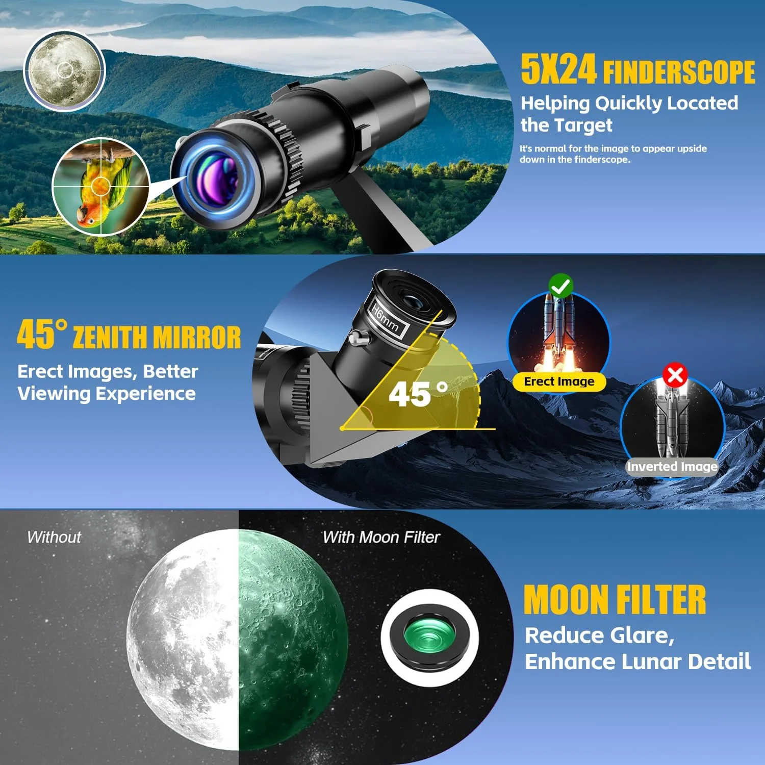 تلسکوپ، تلسکوپ برای کودکان و بزرگسالان، دهانه ۷۰ میلی‌متری تلسکوپ‌های شکستنی ۵۰۰ میلی‌متری برای مبتدیان نجوم با سه‌پایه، فیلتر ماه، آداپتور تلفن و کوله پشتی، هدیه برای کودکان و مبتدیان