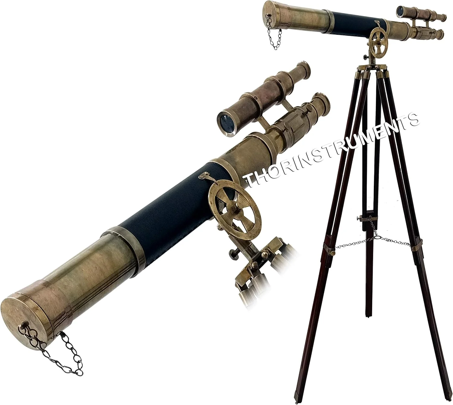 تلسکوپ ایستاده سلطنتی با روکش چرمی مشکی و سه پایه چوبی، دکوری شیک و قدیمی مناسب منزل و هدیه