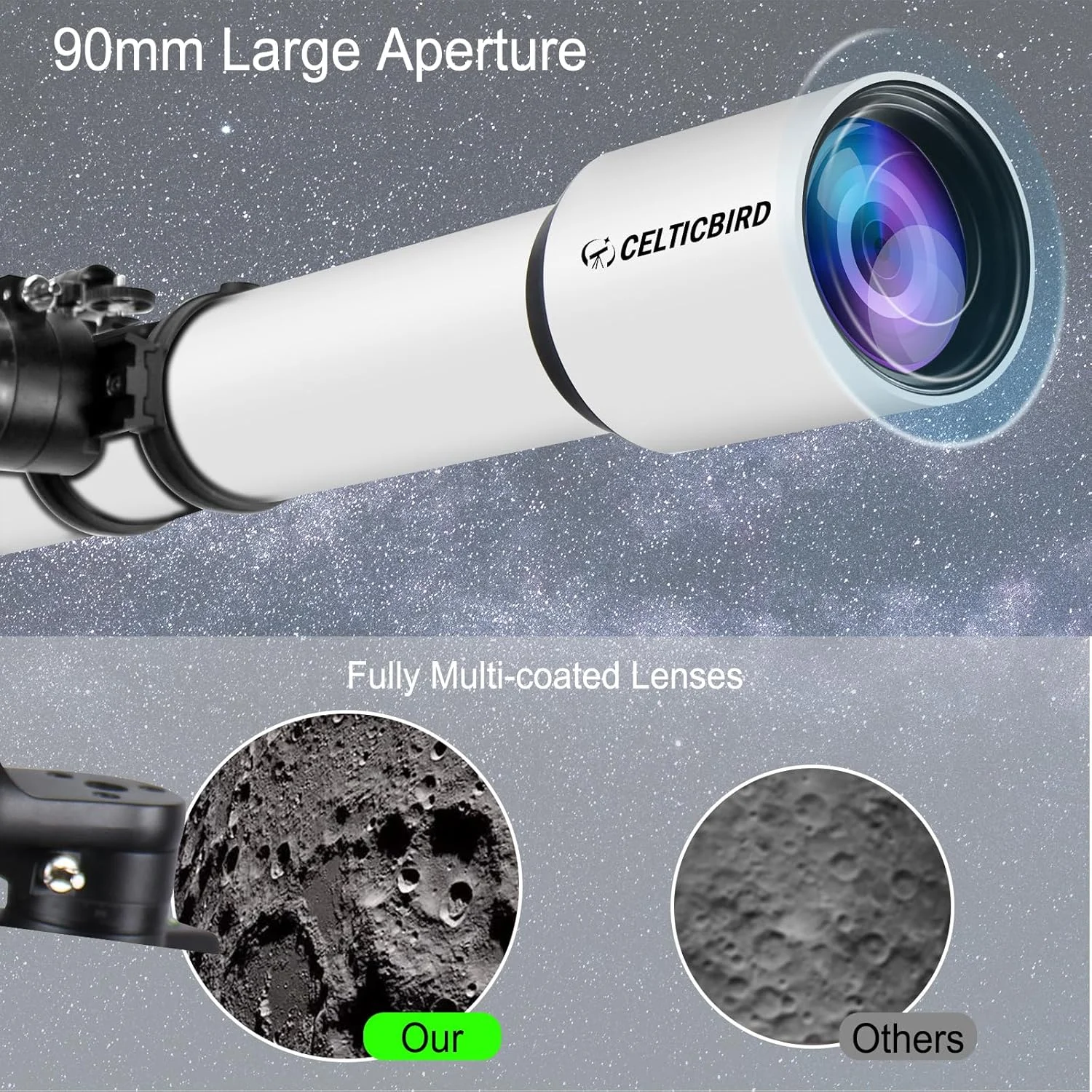 تلسکوپ با قدرت بالا برای بزرگسالان، دیافراگم 90 میلی‌متری، تلسکوپ‌های شکستنی 1000 میلی‌متری برای نجوم بزرگسالان با تنظیمات دقیق، سه‌پایه فوق‌العاده پایدار Vertisteel AZ Mount Base، آداپتور تلفن