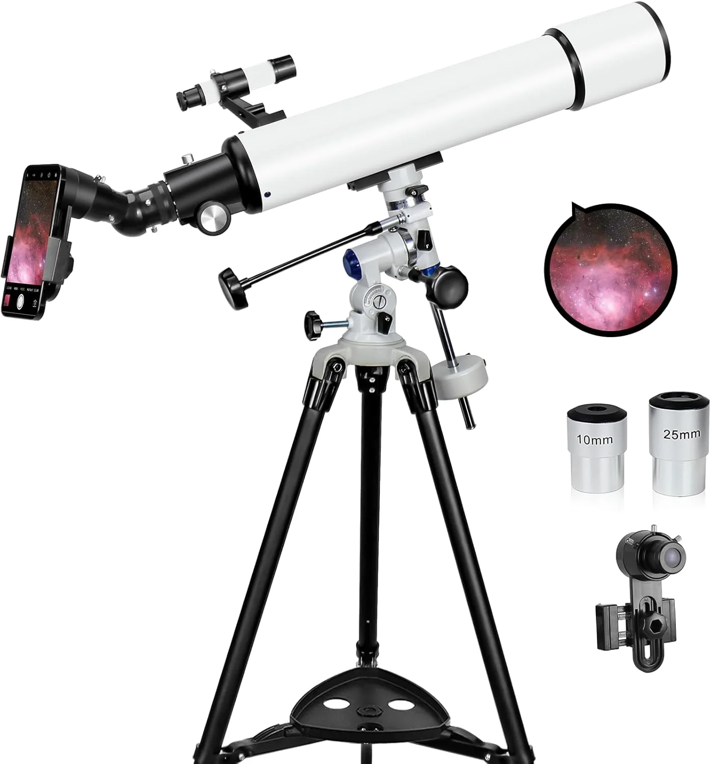 تلسکوپ، تلسکوپ های نجومی حرفه ای برای بزرگسالان، دهانه 90 میلی متری، تلسکوپ قدرتمند 700 میلی متری برای مبتدیان و کودکان به همراه سه پایه نصب EQ با تنظیم دقیق و آداپتور تلفن