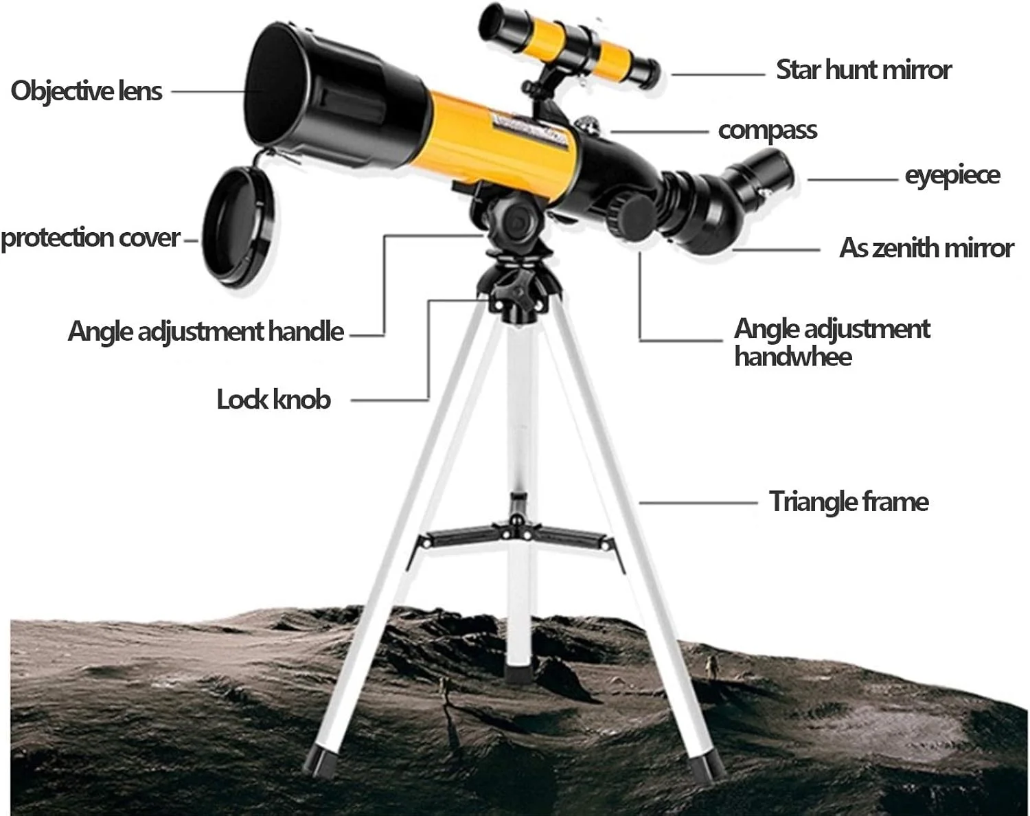 تلسکوپ شکستنی 50/360 میلی‌متری با آینه یاب 5x20 و پوشش چند لایه، مناسب برای ماجراجویی در فضای باز، تحقیقات نجومی و علاقه‌مندان به مناظر شبانه (42x52x27 سانتی‌متر)
