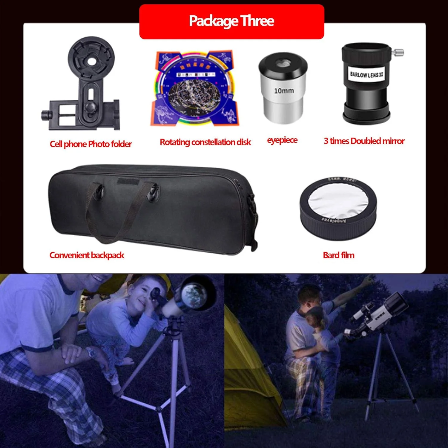 تلسکوپ های نجومی برای بزرگسالان، کودکان و مبتدیان / تلسکوپ منظره یاب 70/400 میلی متری، قابل اتصال به تلفن های همراه، پوشش چند لایه پهن باند، سه پایه تلسکوپی آلومینیومی سفید (بسته سه تایی)