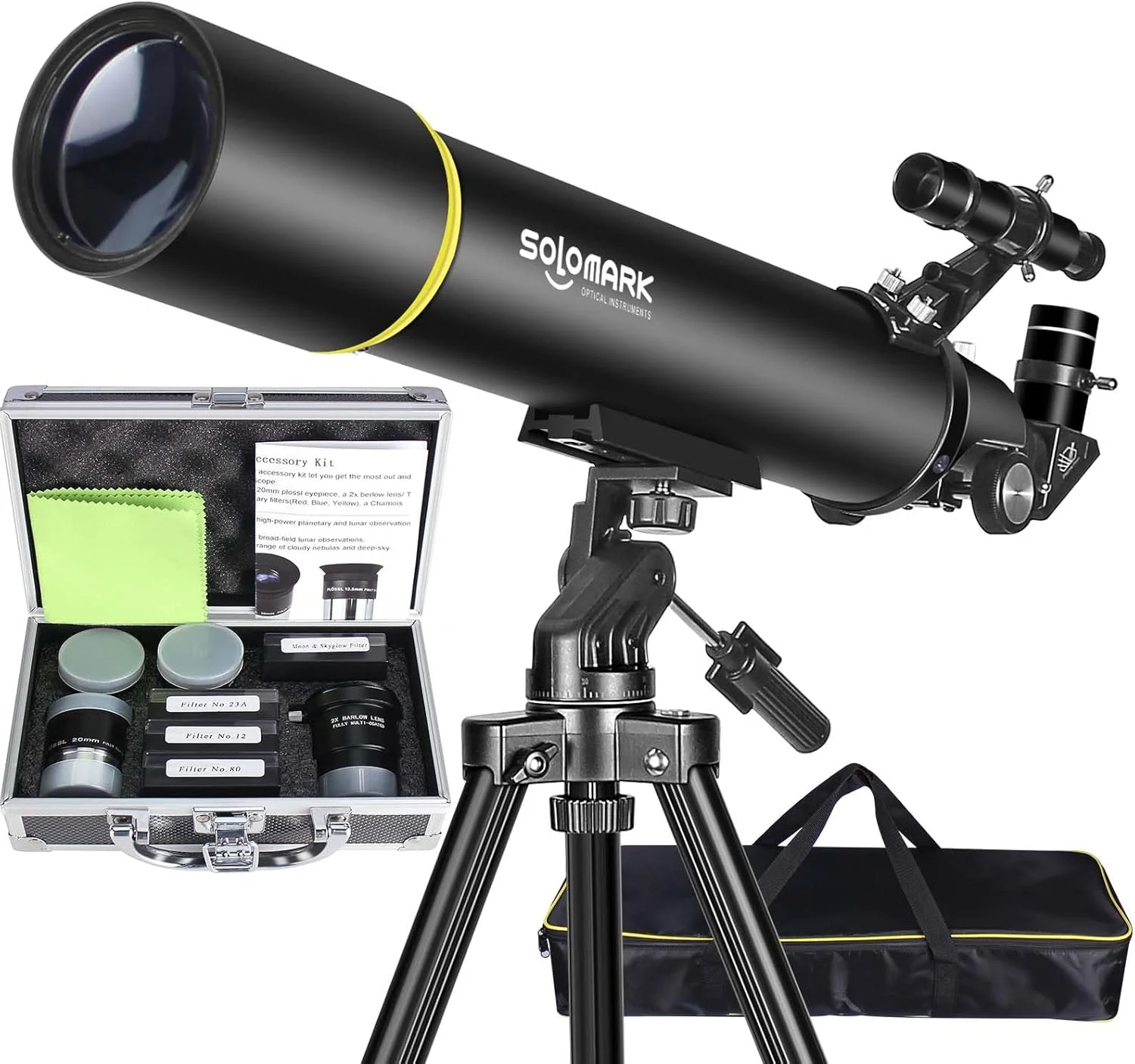 تلسکوپ نجومی برای بزرگسالان، دهانه 80 میلی‌متری، تلسکوپ شکستنی حرفه‌ای 900 میلی‌متری برای کودکان و مبتدیان، به همراه مجموعه چشمی پلاس، مجموعه فیلتر، لنز بارلو 2X، یک کیف و یک ساک حمل