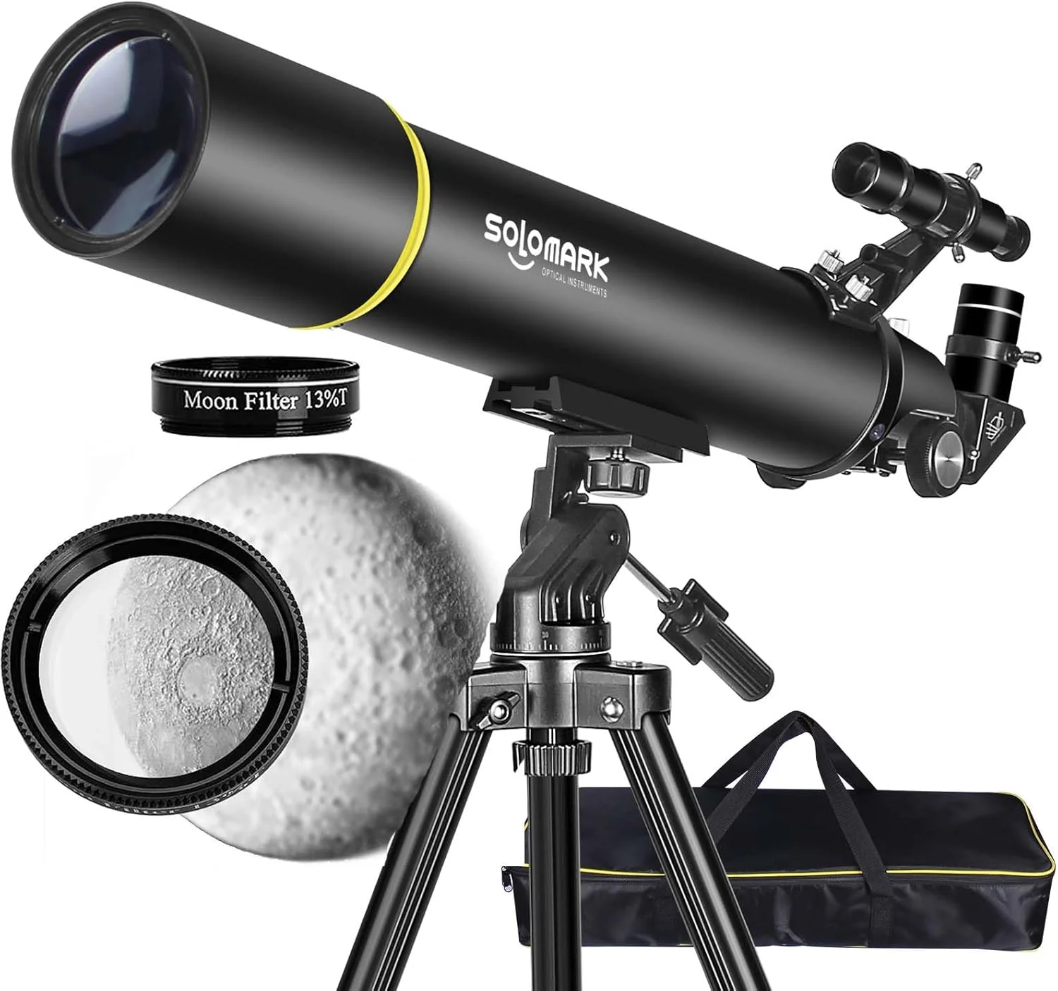 تلسکوپ برای نجوم بزرگسالان، دهانه 80 میلی‌متری، تلسکوپ شکستنی حرفه‌ای 900 میلی‌متری، با فیلتر ماه 1.25 اینچی 13% T و کیف حمل