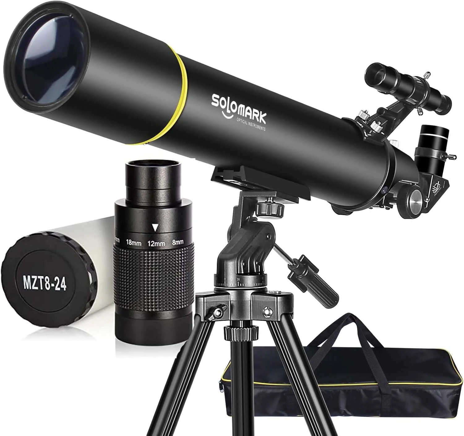 تلسکوپ برای نجوم بزرگسالان، دهانه 80 میلی‌متری، تلسکوپ شکستی حرفه‌ای 900 میلی‌متری، با چشمی زوم تلسکوپ لوکس 1.25 اینچی 8-24 میلی‌متری با رزوه T و کیف حمل
