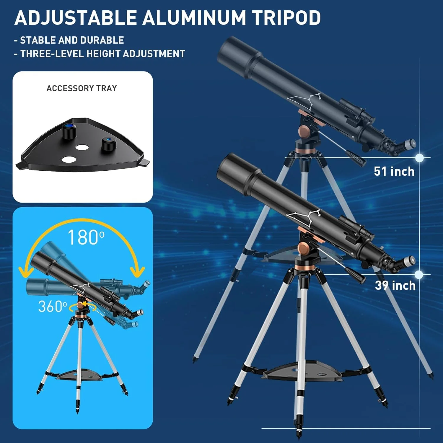 تلسکوپ با دهانه 80 میلی‌متری و فاصله کانونی 800 میلی‌متر برای بزرگسالان، کودکان و مبتدیان، تلسکوپ حرفه‌ای شکستنی قابل حمل و پرقدرت با سه‌پایه قابل تنظیم، کیف و آداپتور تلفن