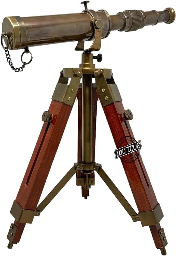 تلسکوپ برنجی روی پایه سه پایه چوبی، سبک قدیمی، کلکسیونی دوربین های جاسوسی، دکور رومیزی منزل، هدیه برای کلکسیونر