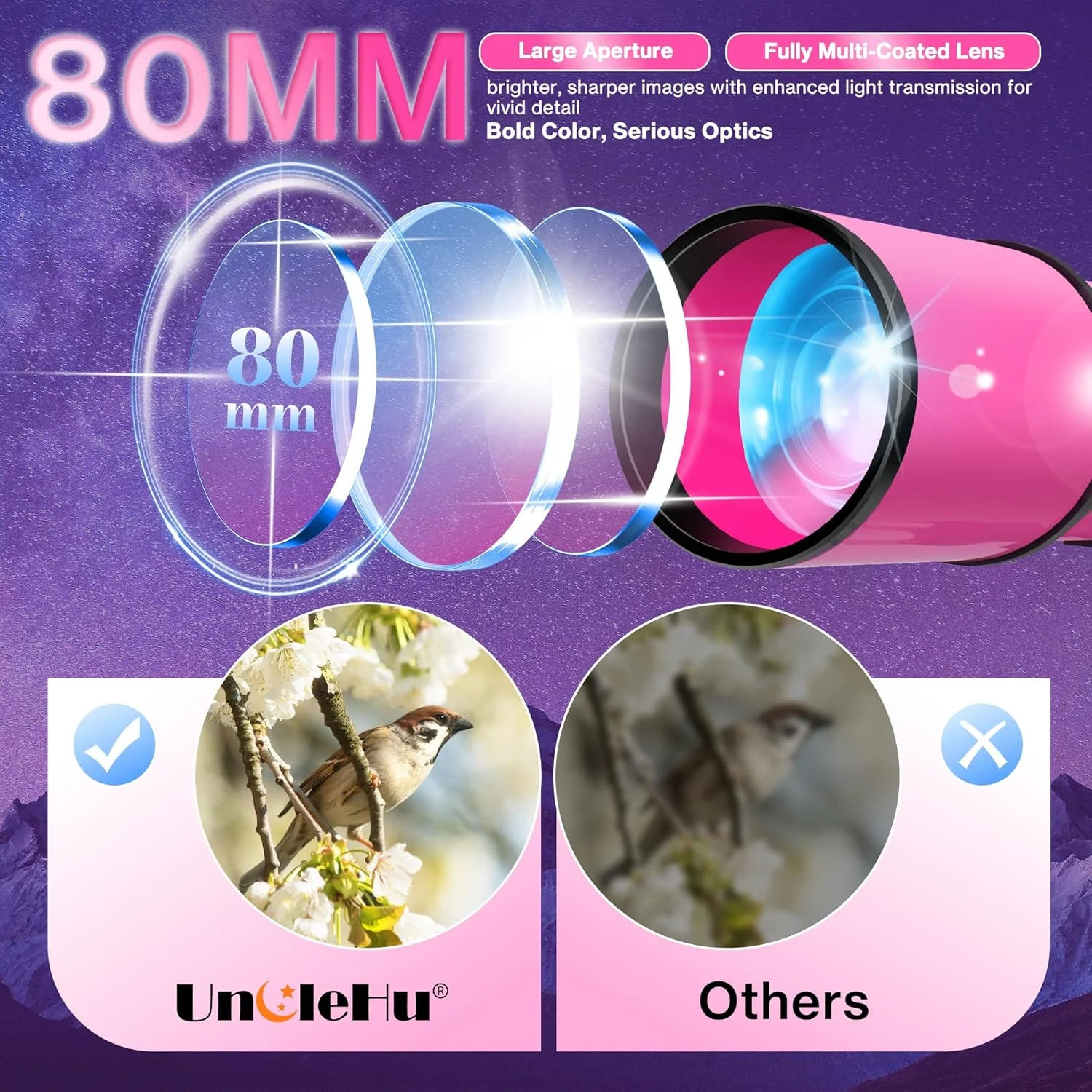 تلسکوپ با قدرت بالا برای بزرگسالان، دهانه 80 میلی‌متری، تلسکوپ 600 میلی‌متری برای نجوم، مناسب بزرگسالان، کودکان و مبتدیان، تلسکوپ شکستی مسافرتی قابل حمل با سه پایه، آداپتور تلفن و کیف برای مشاهده زمینی و ماه، صورتی