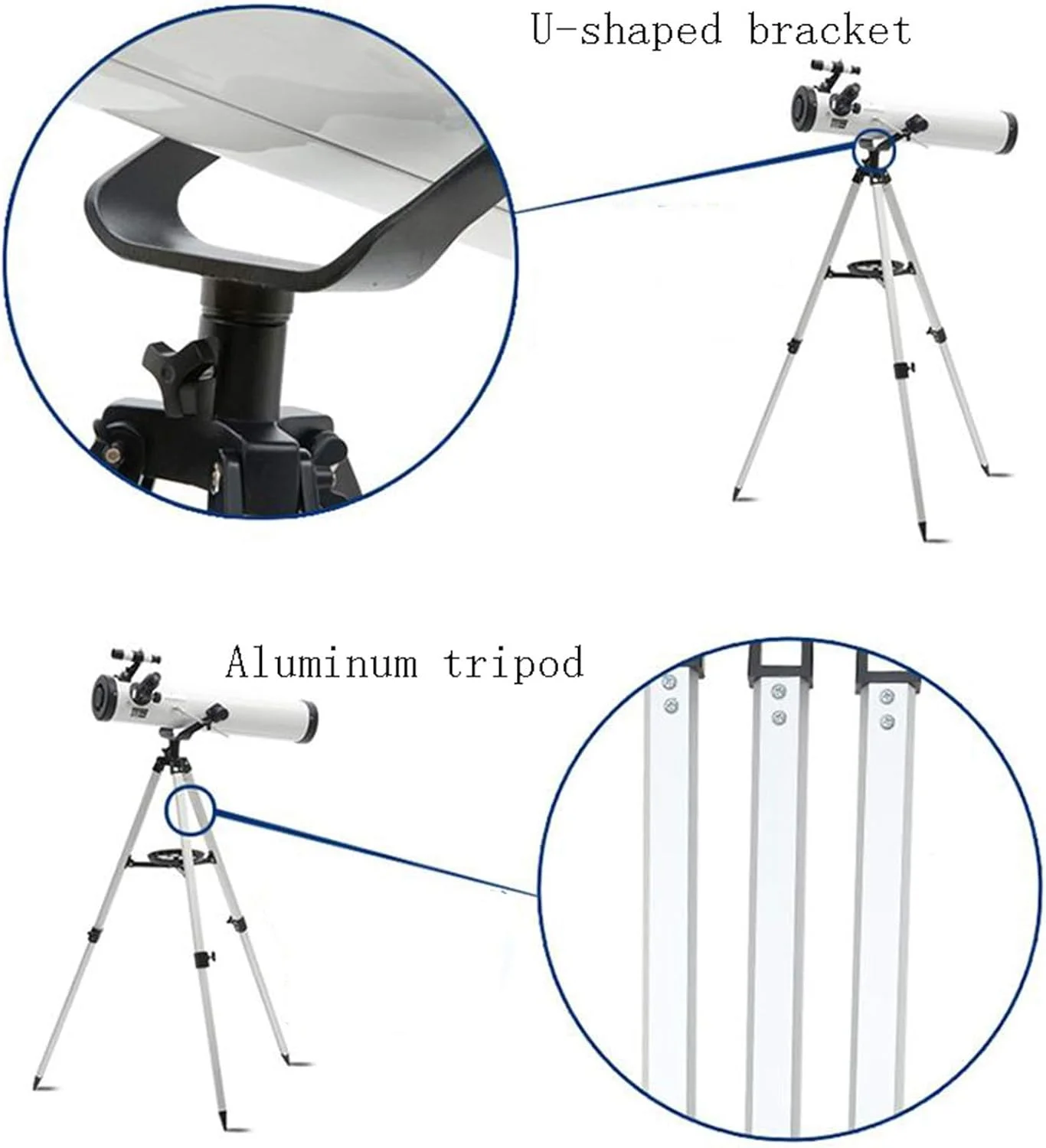 تلسکوپ، تلسکوپ برای بزرگسالان، دهانه 76 میلی‌متری پایه AZ 700 میلی‌متری، تلسکوپ برای کودکان مبتدی، اپتیک کاملاً چند لایه، شکست نجومی با سه‌پایه