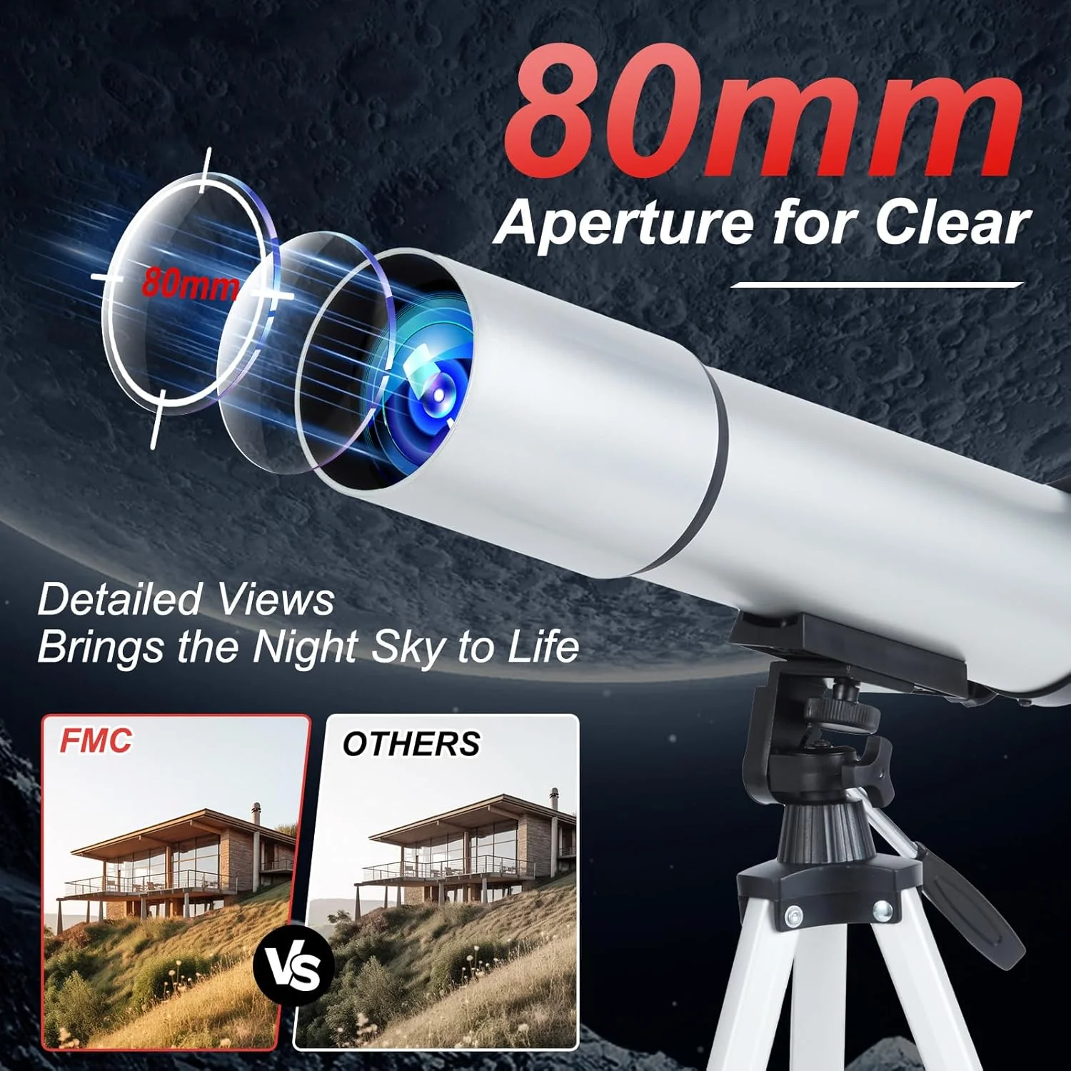 تلسکوپ 80 میلی‌متری با بزرگنمایی بالا مناسب کودکان و بزرگسالان، تلسکوپ شکستنی 600 میلی‌متری نجومی برای مبتدیان، تلسکوپ به همراه آداپتور تلفن، کیف حمل و سه پایه