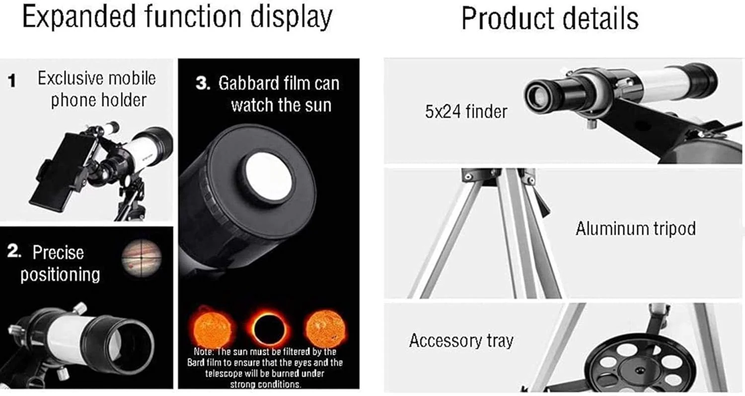 تلسکوپ فضای باز LSLYTQ، تلسکوپ برای نجوم، تلسکوپ انکساری، اپتیک شیشه ای با پوشش کامل، تلسکوپ ایده آل برای مبتدیان با کیف و سه پایه، برای داخل/خارج از منزل