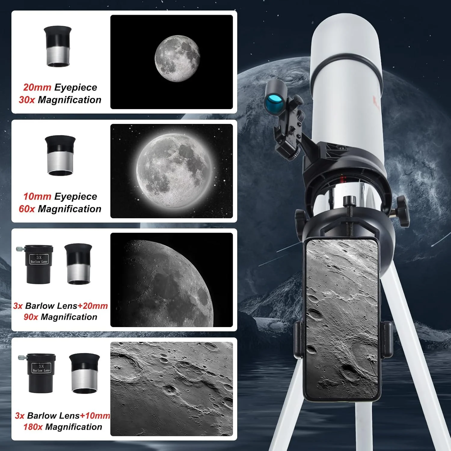 تلسکوپ 80 میلی‌متری با بزرگنمایی بالا مناسب کودکان و بزرگسالان، تلسکوپ شکستنی 600 میلی‌متری نجومی برای مبتدیان، تلسکوپ به همراه آداپتور تلفن، کیف حمل و سه پایه